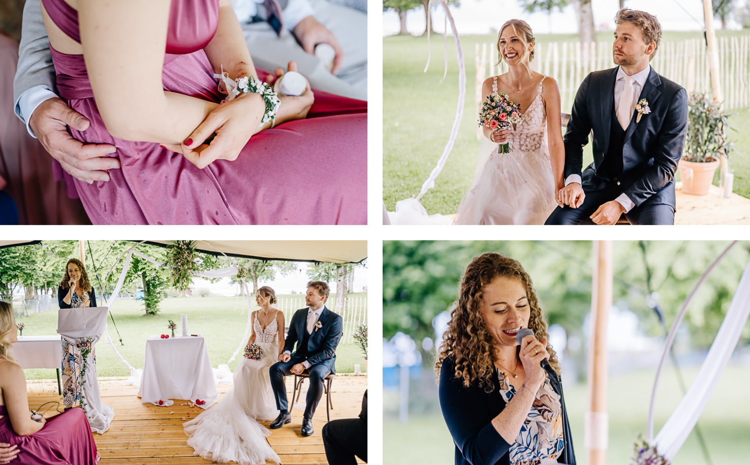 Das Bild von Fotografin Mica Zeitz fängt intime Momente einer Hochzeit ein, von der emotionalen Verbindung zwischen dem Brautpaar bis hin zu den bewegenden Reden während der Zeremonie. Die detailreiche Darstellung der Hochzeitsfeier vermittelt eine Atmosphäre von Freude und Liebe, während die idyllische Kulisse zur festlichen Stimmung beiträgt.