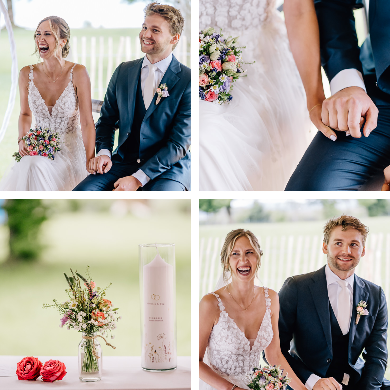 In dieser bezaubernden Hochzeitsaufnahme von Fotografin Mica Zeitz strahlen das glückliche Paar und die floralen Details der Dekoration eine unbeschwerte Freude aus, während eine romantische Atmosphäre im Freien geschaffen wird. Die authentischen Emotionen und liebevollen Momente der Zeremonie sind perfekt eingefangen und bieten eine inspirierende Perspektive für zukünftige Brautpaare.