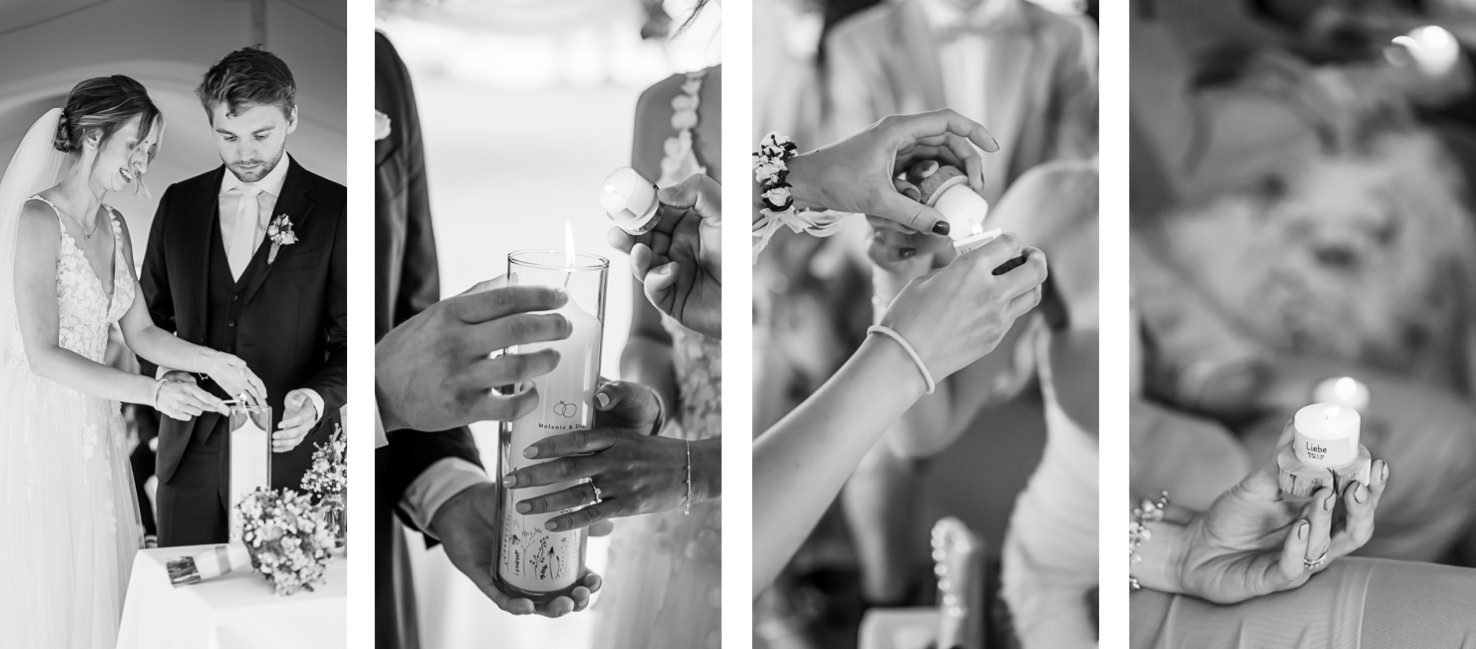 Das beeindruckende Hochzeitsfoto von Mica Zeitz fängt einen berührenden Moment der Zeremonie ein, in dem das Brautpaar gemeinsam eine große Kerze entzündet, um ihre Liebe symbolisch zu vereinen. Die emotionale Atmosphäre und die detailverliebten Einstellungen machen dieses Bild zu einem unvergesslichen Bestandteil jeder Hochzeitsreportage.