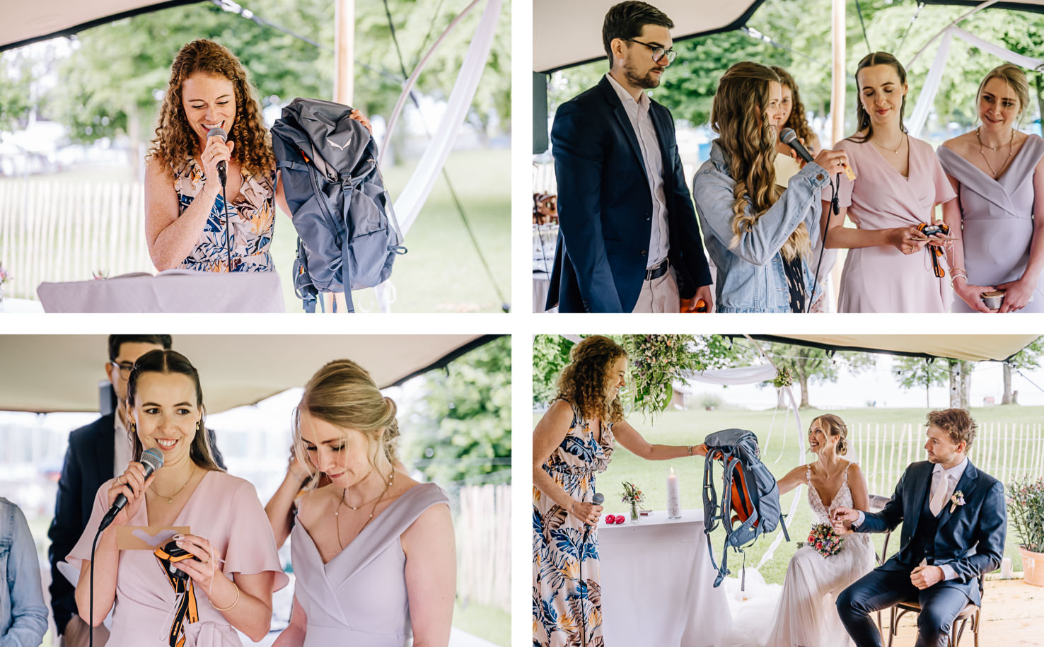 Die Fotos von Mica Zeitz fangen den emotionalen Moment einer Hochzeitsansprache ein, bei der Geschenke überreicht werden und Freude sowie Zusammenhalt unter den Gästen spürbar sind. Die Aufnahmen zeigen lebendige Interaktionen und strahlende Gesichter, die die besondere Atmosphäre des Festes unterstreichen.