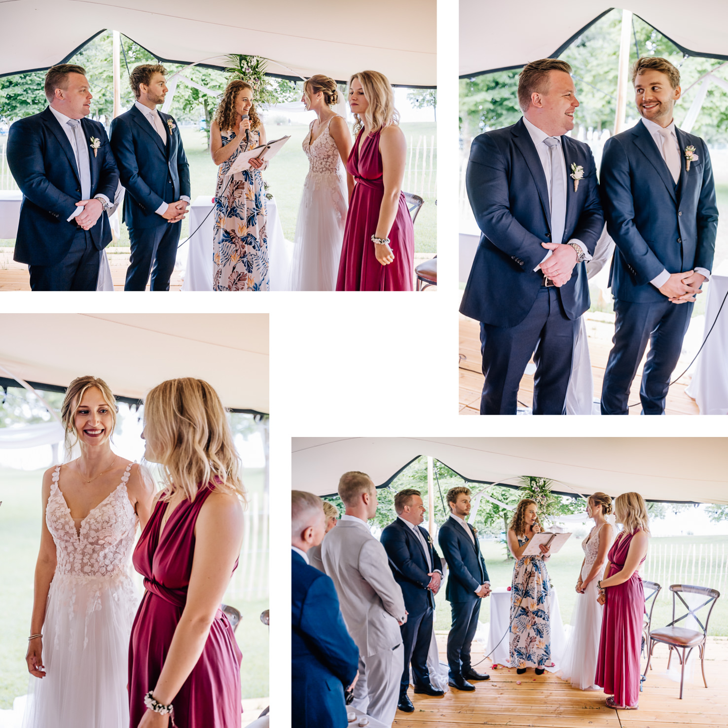 Die emotionalen Momente einer Hochzeit werden von der Fotografin Mica Zeitz in dieser Bildercollage perfekt eingefangen, wobei die Braut und die Brautjungfern strahlend im Mittelpunkt stehen. Die entspannte Atmosphäre und die liebevollen Details der Zeremonie zeigen die einzigartige Verbindung zwischen den Gästen und dem Brautpaar.
