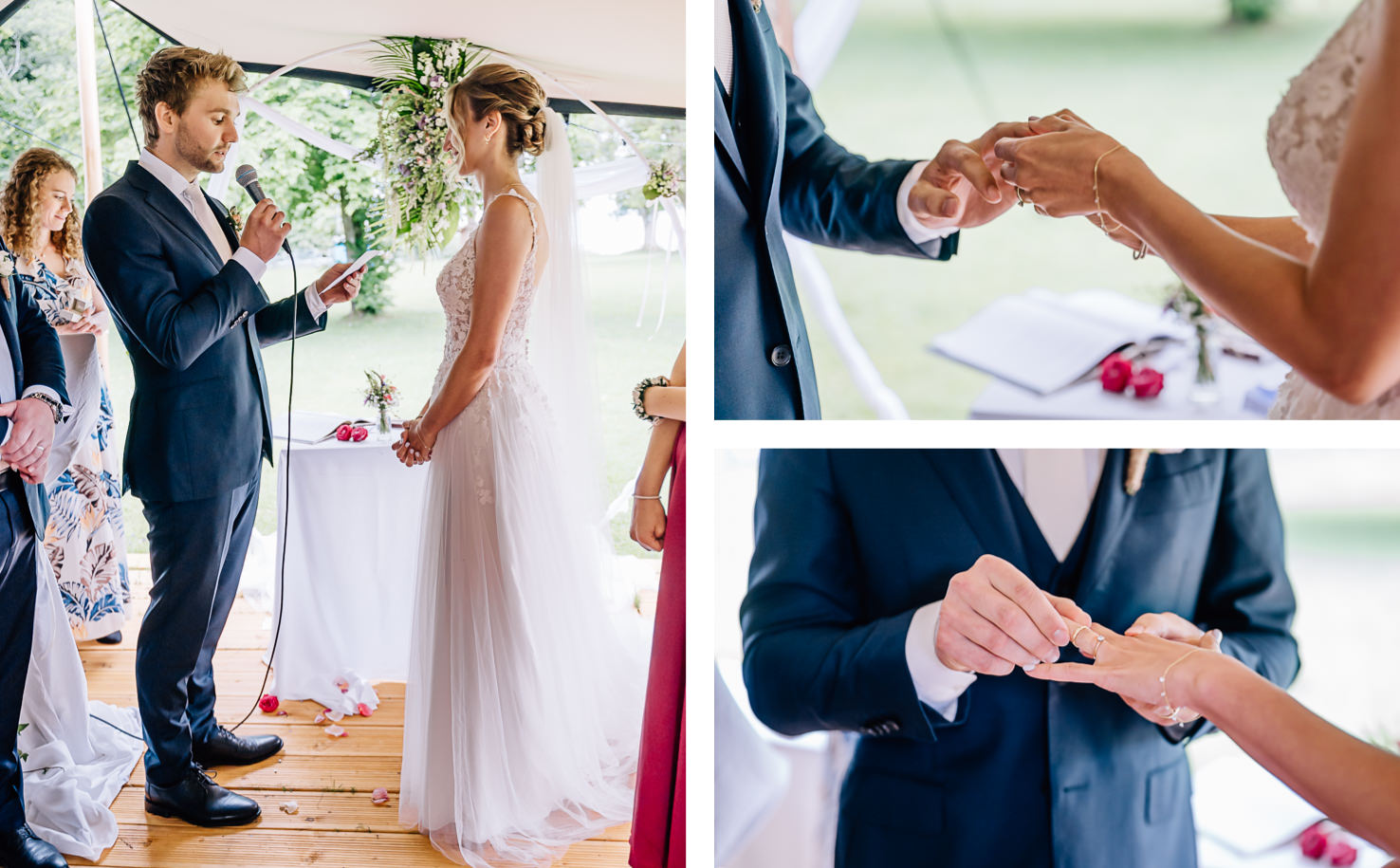 Das Bild zeigt einen romantischen Moment während einer Hochzeitszeremonie, in dem das Brautpaar sich das Jawort gibt und die Ringe austauscht. Diese emotionale Szene, festgehalten von der Fotografin Mica Zeitz, fängt die Liebe und Verbundenheit des Paares in einer traumhaften Umgebung ein.