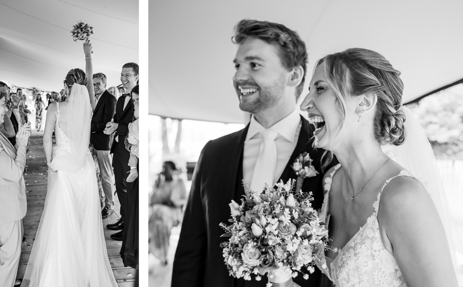 Dieses emotionale Hochzeitsbild von Fotografin Mica Zeitz fängt den magischen Moment eines Brautpaares in Schwarz-Weiß ein, in dem Freude und Liebe strahlen. Die herzliche Atmosphäre der Feierlichkeit verkörpert die Essenz romantischer Hochzeitsfotografie und bleibt unvergesslich für das Paar und ihre Gäste.