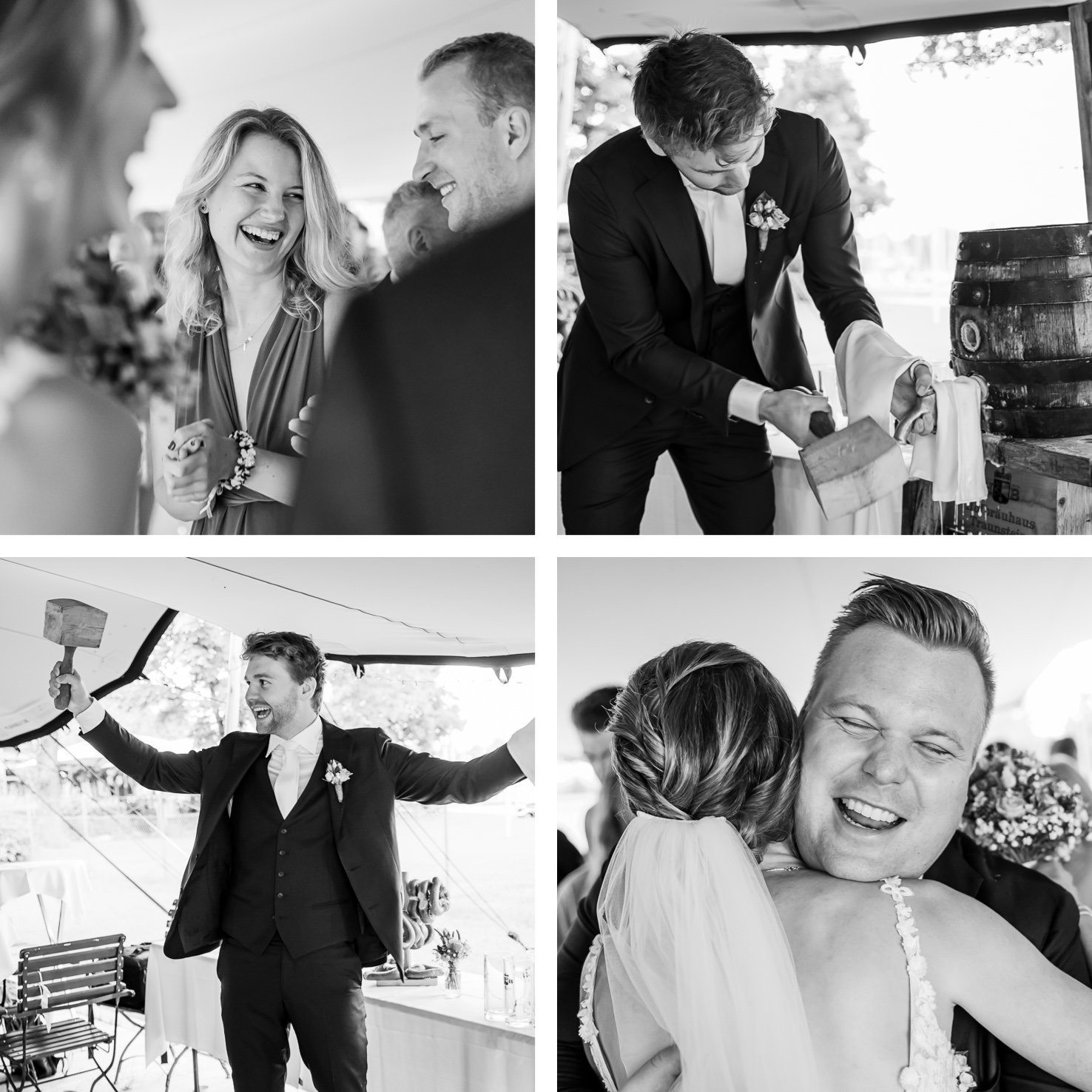 Das Bild, festgehalten von der Fotografin Mica Zeitz, fängt die emotionalen und fröhlichen Momente einer Hochzeit ein, von herzhaftem Lachen bis hin zu herzlichen Umarmungen. Die schwarz-weißen Aufnahmen verleihen den Szenen eine zeitlose Eleganz und betonen die Freude und Verbundenheit der Gäste.