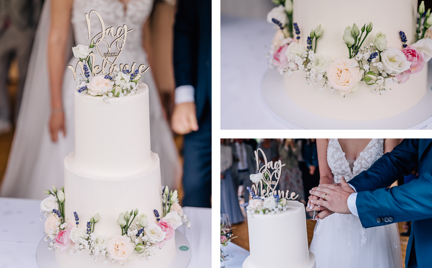 Die wunderschöne Hochzeitstorte, elegant dekoriert mit zarten Blumen und einem personalisierten Topper, setzt einen festlichen Akzent für den besonderen Tag. In diesem zauberhaften Moment, festgehalten von Fotografin Mica Zeitz, strahlt das Liebespaar pure Emotionen aus und feiert ihren einzigartigen Anlass.
