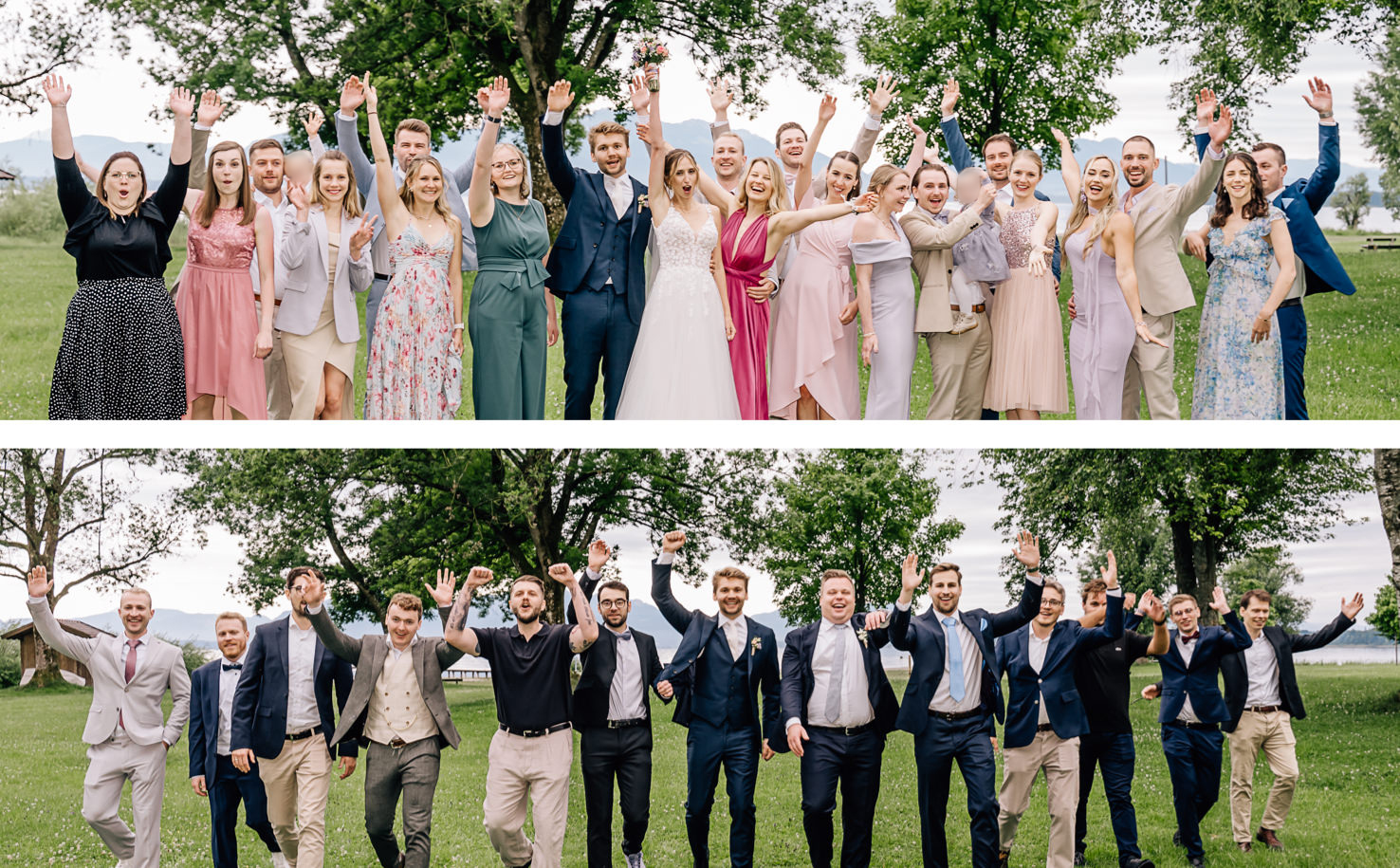 Auf diesem lebhaften Hochzeitsfoto von Mica Zeitz feiern fröhliche Gäste den besonderen Tag, umgeben von einer malerischen Naturkulisse. Die beiden Gruppen zeigen ein einladendes und emotionales Ambiente, ideal für Paare, die authentische Hochzeitsaufnahmen suchen.