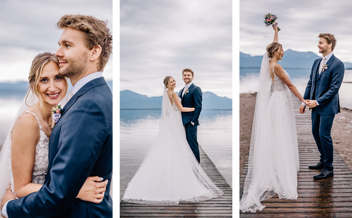 Das romantische Hochzeitsbilder-Paar posiert am Ufer eines malerischen Sees, umgeben von einer beeindruckenden Berglandschaft, festgehalten von der talentierten Fotografin Mica Zeitz. Diese emotionalen Aufnahmen strahlen Liebe und Freude aus, perfekt für Paare, die an ihrem besonderen Tag unvergessliche Momente festhalten möchten.