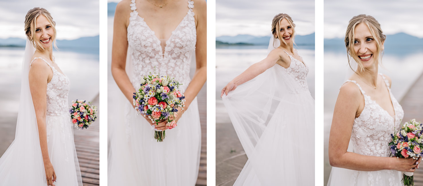 In diesen zauberhaften Aufnahmen von Fotografin Mica Zeitz strahlt die Braut in einem eleganten, floral verzierten Hochzeitskleid und einer bunten Blumenstrauß und vermittelt pure Freude und Anmut. Die idyllische Kulisse und die verschiedenen Perspektiven betonen die Detailverliebtheit und die romantische Stimmung des besonderen Tages.