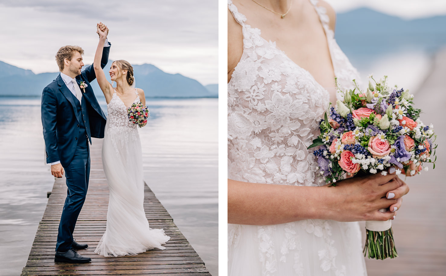 Dieses romantische Hochzeitsbild, aufgenommen von der talentierten Fotografin Mica Zeitz, zeigt ein strahlendes Brautpaar auf einem malerischen Steg, umgeben von einer atemberaubenden Naturkulisse. Die Details des eleganten Brautkleides und des liebevoll gestalteten Blumenstraußes verleihen der Aufnahme einen besonderen Charme und symbolisieren die Freude und Liebe des Anlasses.