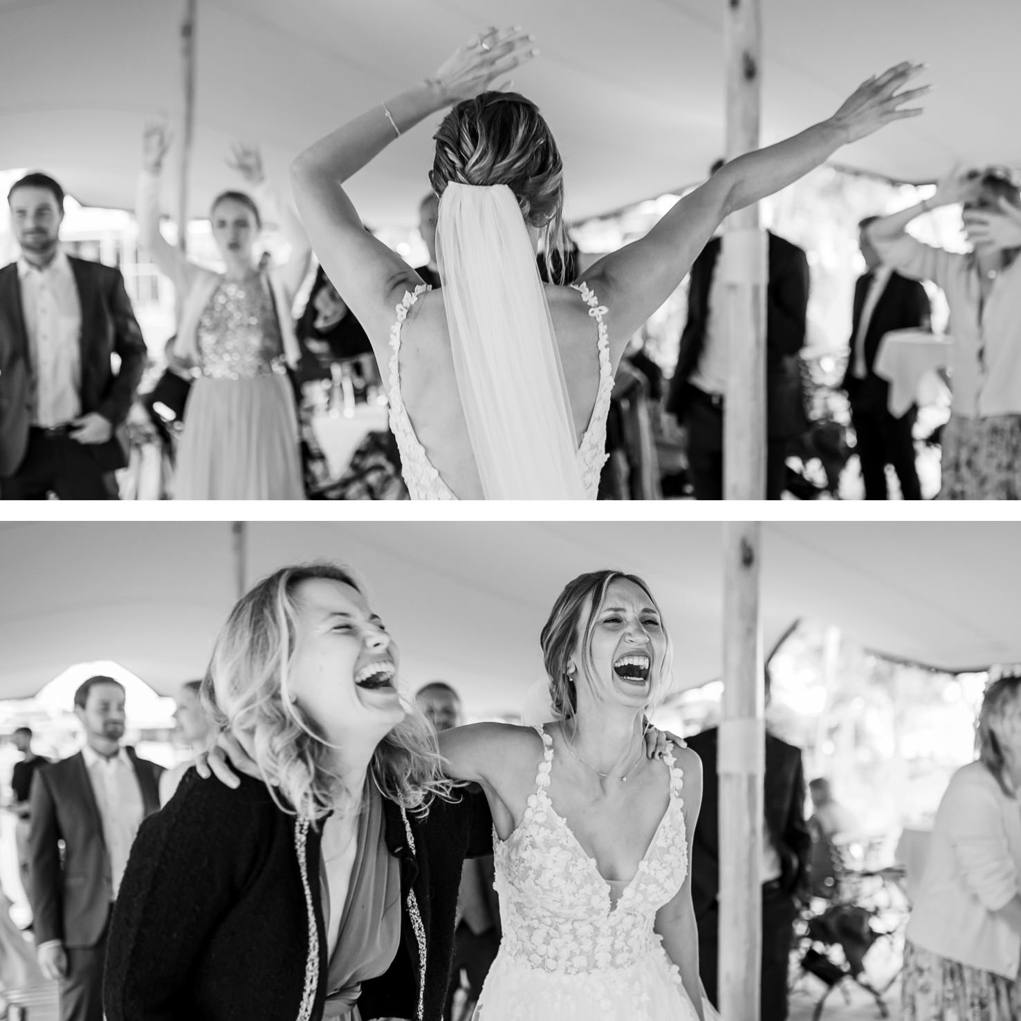 Erleben Sie eine emotionale Hochzeitsfeier festgehalten von der Fotografin Mica Zeitz, die die Freude und das Lachen von Braut und Gästen in einem bezaubernden monochromen Stil einfängt. Diese ausdrucksstarken Momente zeigen authentische Emotionen und miteinander verbundene Menschlichkeit – perfekt für Hochzeitsfotografie-Enthusiasten.