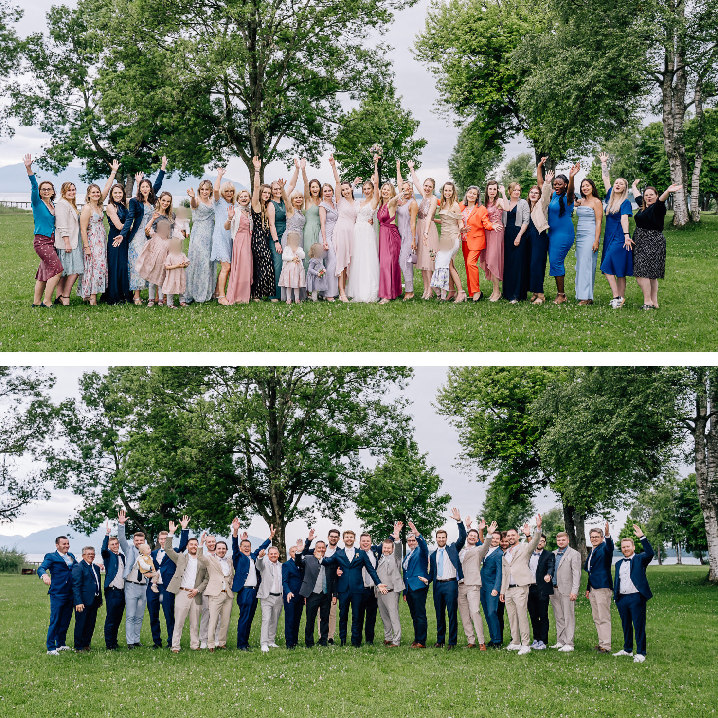Das Bild zeigt eine fröhliche Hochzeitsfeier im Freien, fotografiert von Mica Zeitz, mit einer Gruppe von eleganten Frauen in farbenfrohen Kleidern und Männern in stilvollen Anzügen, die gemeinsam feiern. Umgeben von einer malerischen Landschaft strahlen alle Beteiligten Lebensfreude und festliche Stimmung aus.