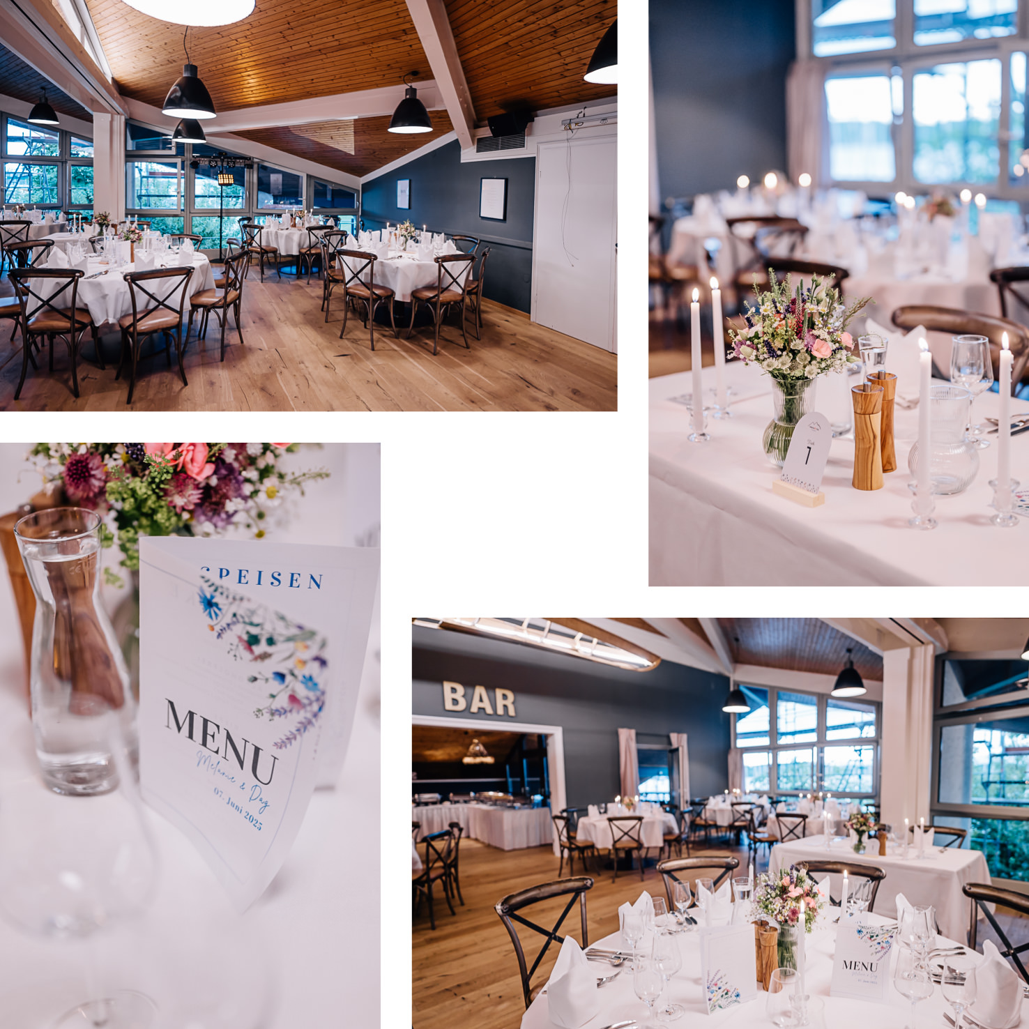 Das elegante Restaurant-Setup, fotografiert von Mica Zeitz, präsentiert stilvolle Tische, geschmückt mit Blumenarrangements und Kerzenlicht, ideal für festliche Anlässe. Die Kombination aus moderner Einrichtung und warmem Holz schafft eine einladende Atmosphäre, perfekt für Hochzeiten oder besondere Feiern.