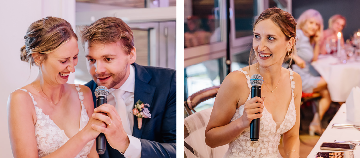 Das Bild von der Fotografin Mica Zeitz fängt einen emotionalen Moment während einer Feier ein, in dem ein Brautpaar humorvoll und begeistert miteinander interagiert. Die warmen Farben und die intime Atmosphäre schaffen eine wunderschöne Kulisse für Erinnerungen an Hochzeiten und wichtige Anlässe.