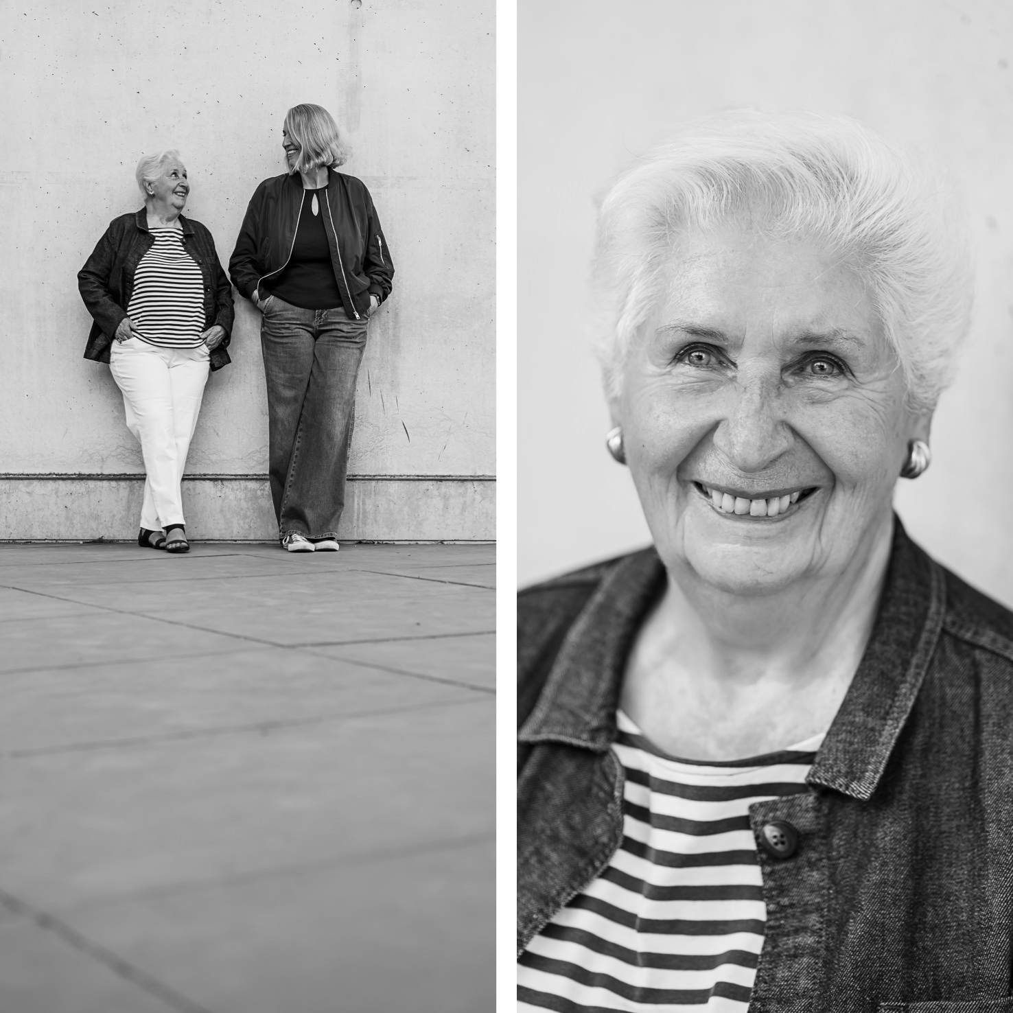 Das eindrucksvolle Schwarz-Weiß-Porträt von Mica Zeitz zeigt zwei Frauen in einem entspannten Moment, die Freude und Verbundenheit ausstrahlen. Die gelungene Komposition betont natürliche Schönheit und zwischenmenschliche Beziehungen, ideal für Themen wie Freundschaft und Generationen.