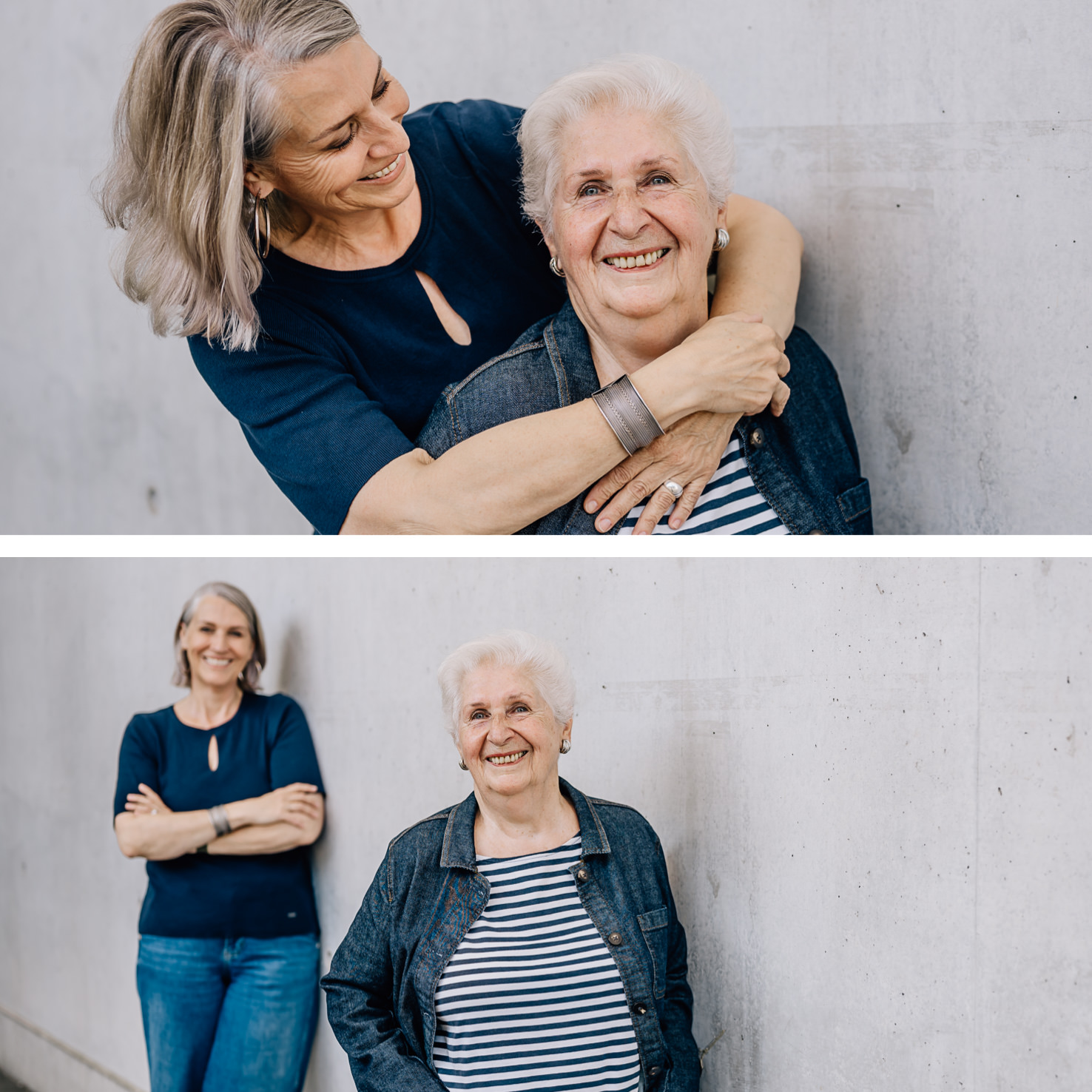 Das berührende Bild von Mica Zeitz zeigt die herzliche Verbindung zwischen zwei Generationen, die in einem minimalistischen, modernen Ambiente festgehalten wird. Die authentischen Emotionen und das strahlende Lächeln der Frauen verleihen der Fotografie eine besondere Wärme und Nähe, ideal für Themen wie Familienfotografie und zwischenmenschliche Beziehungen.