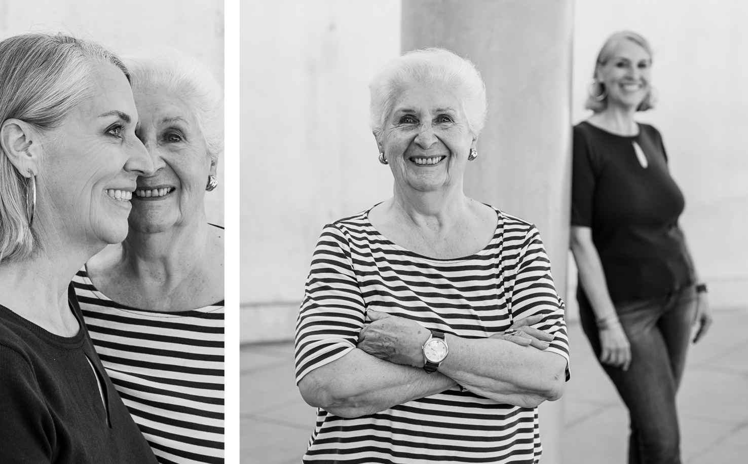 Das eindrucksvolle Schwarz-Weiß-Bild von Mica Zeitz zeigt eine herzliche Momentaufnahme zwischen zwei Frauen, die das Thema Generationen und Verbundenheit lebendig werden lässt. Die lächelnden Gesichter und die harmonischen Outfits in Streifenmuster verleihen der Fotografie eine zeitlose Eleganz, die sowohl Emotionen als auch die Schönheit zwischenmenschlicher Beziehungen einfängt.