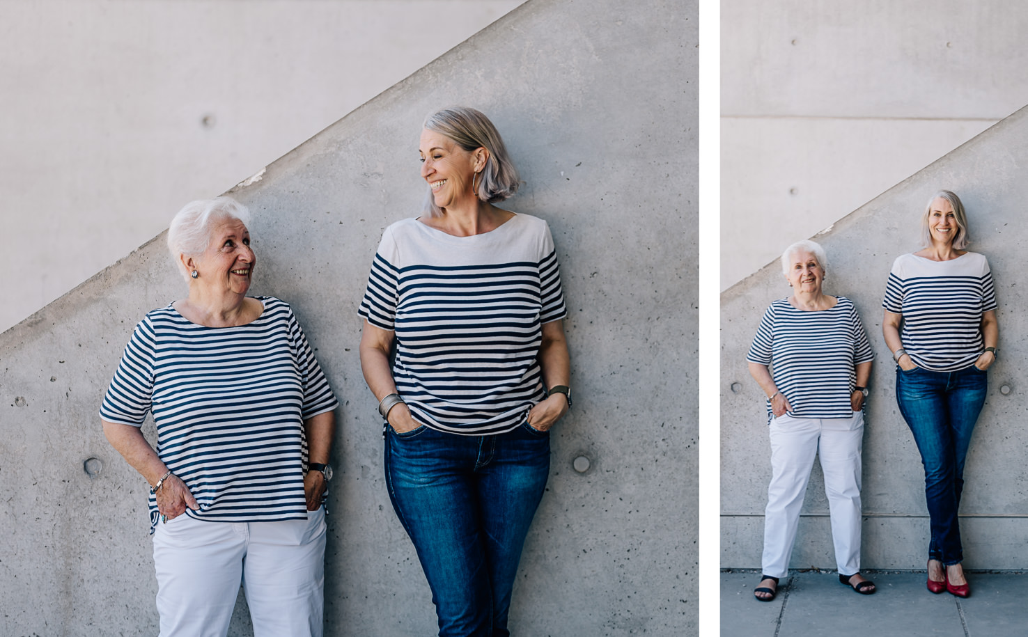 Das Bild von Mica Zeitz zeigt zwei Frauen, die in stilvollen gestreiften Oberteilen fröhlich vor einer modernen Betonstruktur posieren. Die Emotionen der beiden strahlen Freude und Verbundenheit aus, was die zeitlose Schönheit und Nähe zwischen Generationen einfängt.