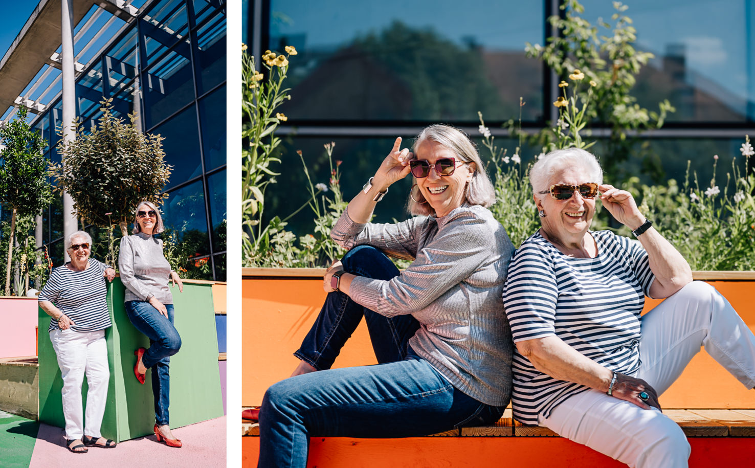 Das fröhliche Bild, festgehalten von Fotografin Mica Zeitz, zeigt zwei Frauen in einer lebhaften, urbanen Umgebung und strahlt Lebensfreude und Freundschaft aus. Die bunten Elemente des Hintergrunds und die stylischen Sonnenbrillen der Protagonistinnen verleihen der Aufnahme einen modernen, zeitgenössischen Charme.