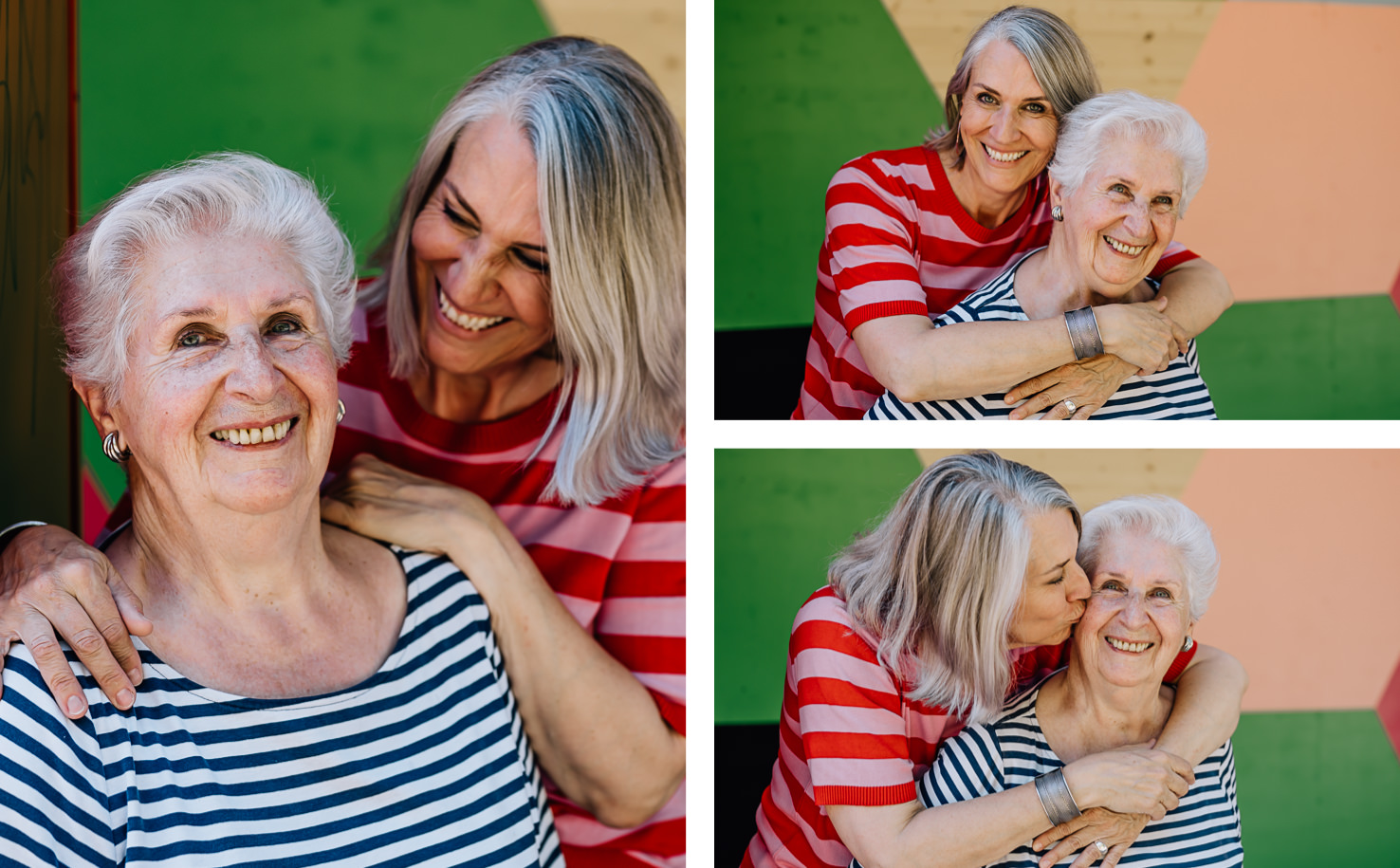 In diesem lebendigen und emotionalen Bild fängt die Fotografin Mica Zeitz die innige Beziehung zwischen zwei Frauen ein, die durch Lachen und Zuneigung verbunden sind. Die farbenfrohe Kulisse verstärkt die positive Ausstrahlung der Porträts und hebt die Themen von Liebe, Familie und Lebensfreude hervor.