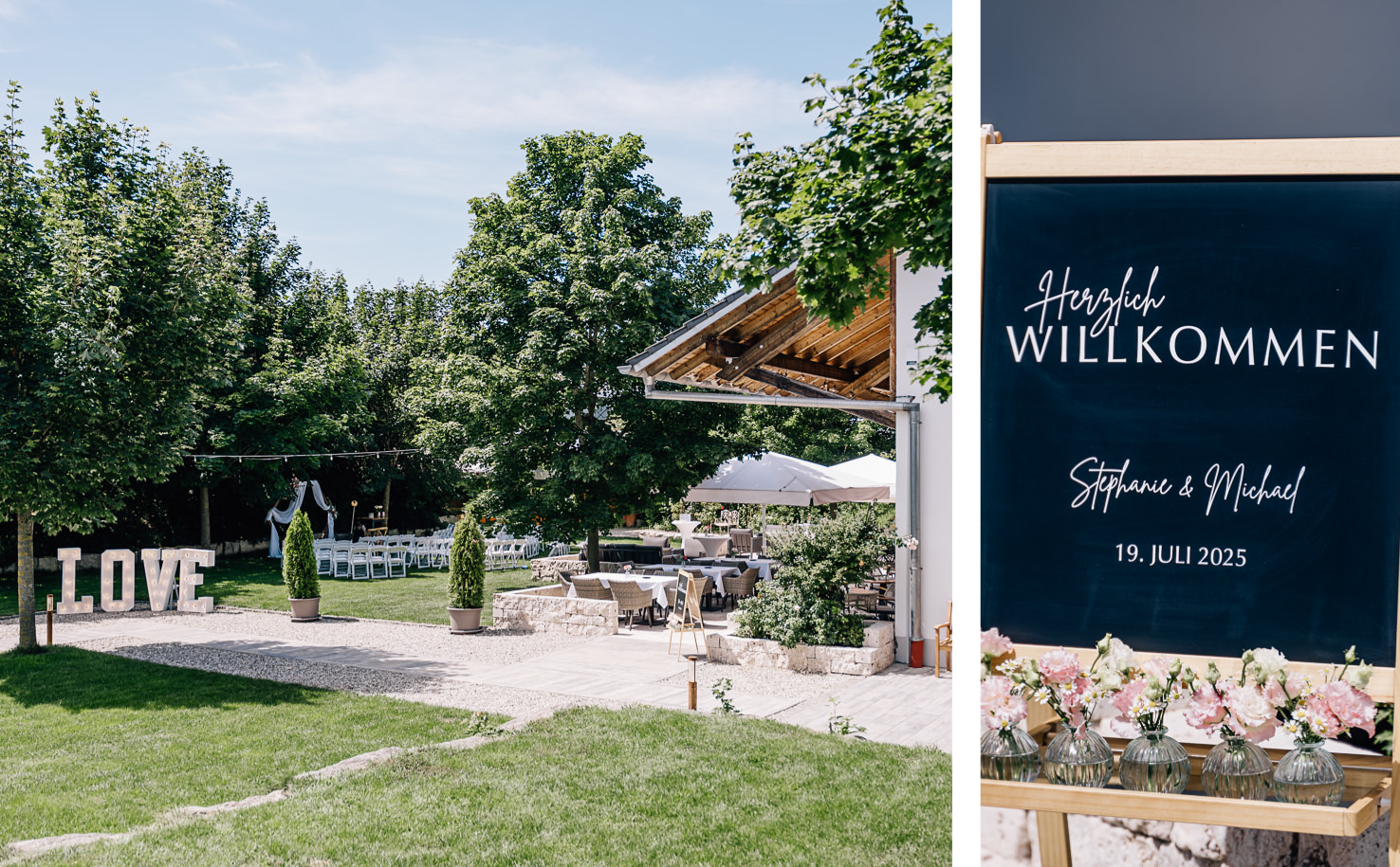 Das Bild von Mica Zeitz zeigt eine wunderschöne Hochzeitslocation, umgeben von üppigem Grün, die mit großen "LOVE"-Buchstaben und einem stilvollen Willkommensschild personalisiert ist. Die Kombination aus festlicher Atmosphäre und eleganter Einrichtung macht diesen Ort ideal für romantische Feiern und unvergessliche Momente.