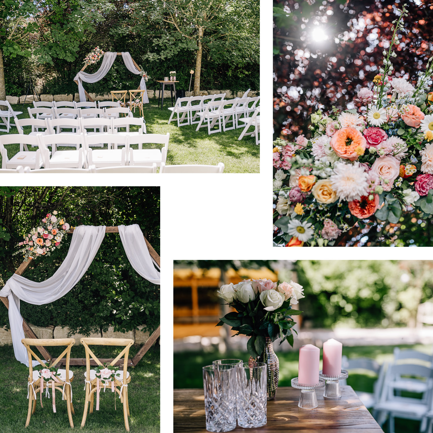 Das Bild, festgehalten von Fotografin Mica Zeitz, zeigt eine traumhafte Gartenhochzeit mit elegantem Blumenarrangement und liebevoll dekorierten Sitzplätzen. Die harmonische Kombination aus Natur und stilvoller Dekoration schafft eine romantische Atmosphäre, ideal für unvergessliche Hochzeitsmomente.