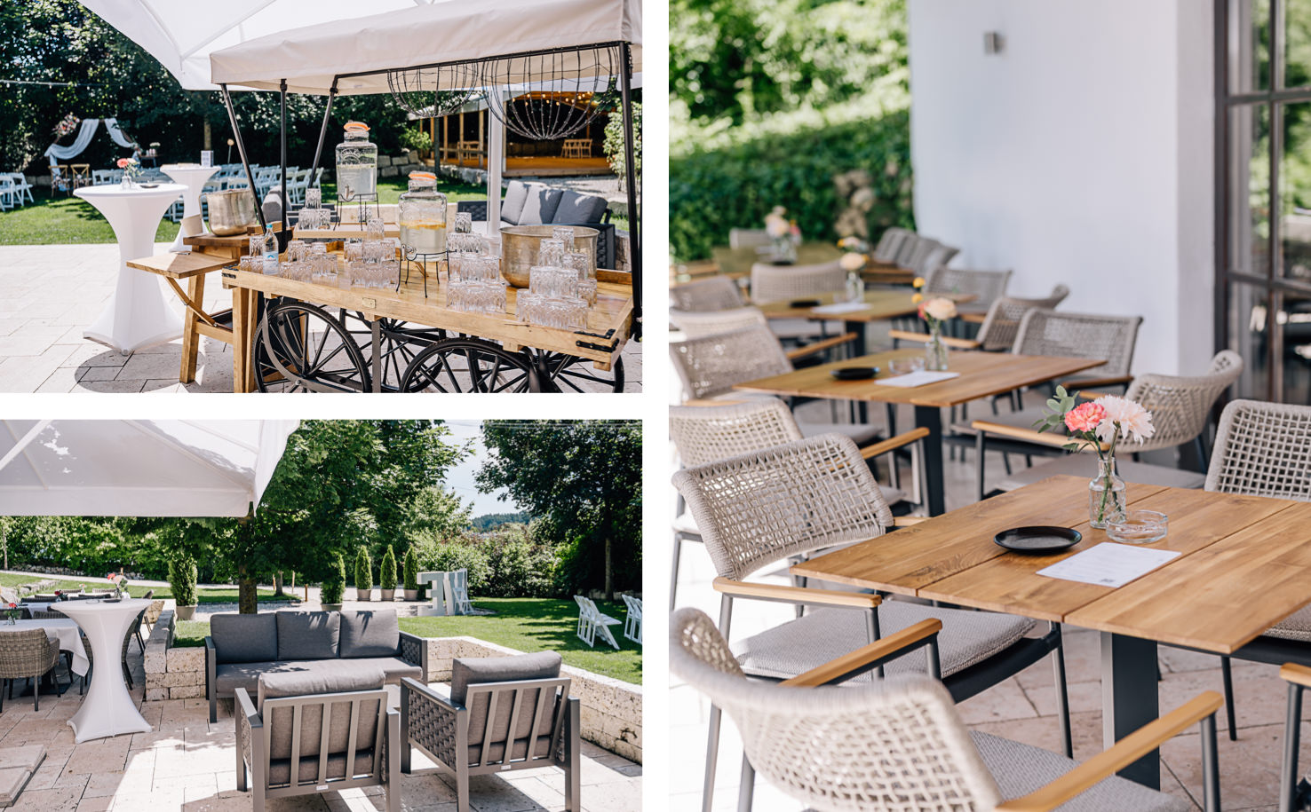 Das Bild zeigt eine einladende Eventlocation im Freien, die mit eleganten Sitzmöglichkeiten und einem stilvollen Getränkewagen ausgestattet ist, ideal für Feierlichkeiten und entspannte Zusammenkünfte. Fotografiert von Mica Zeitz, vermittelt die Szenerie ein Gefühl von Modernität und Wohlbefinden in einer natürlichen Umgebung.