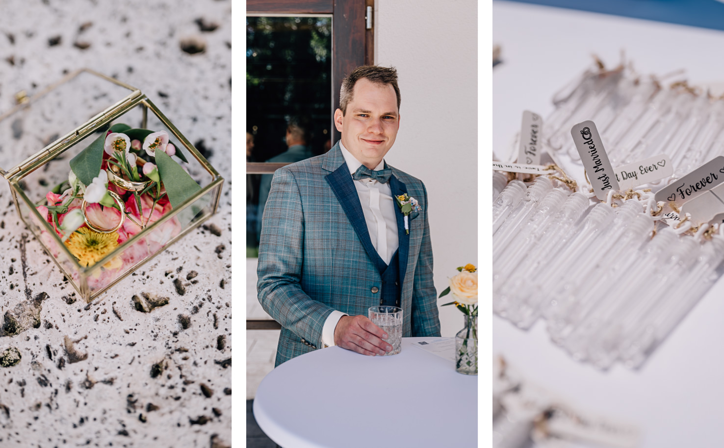 Dieses elegante Hochzeitsbild von Mica Zeitz zeigt ein kunstvolles Arrangement mit Eheringen und Blumen in einer stilvollen Box, sowie den Bräutigam in einem modernen Anzug, der an einem Empfangstisch posiert. Ergänzt wird die Szenerie durch kreative Gastgeschenke, die perfekt das Thema der Feier unterstreichen und für eine unvergessliche Atmosphäre sorgen.