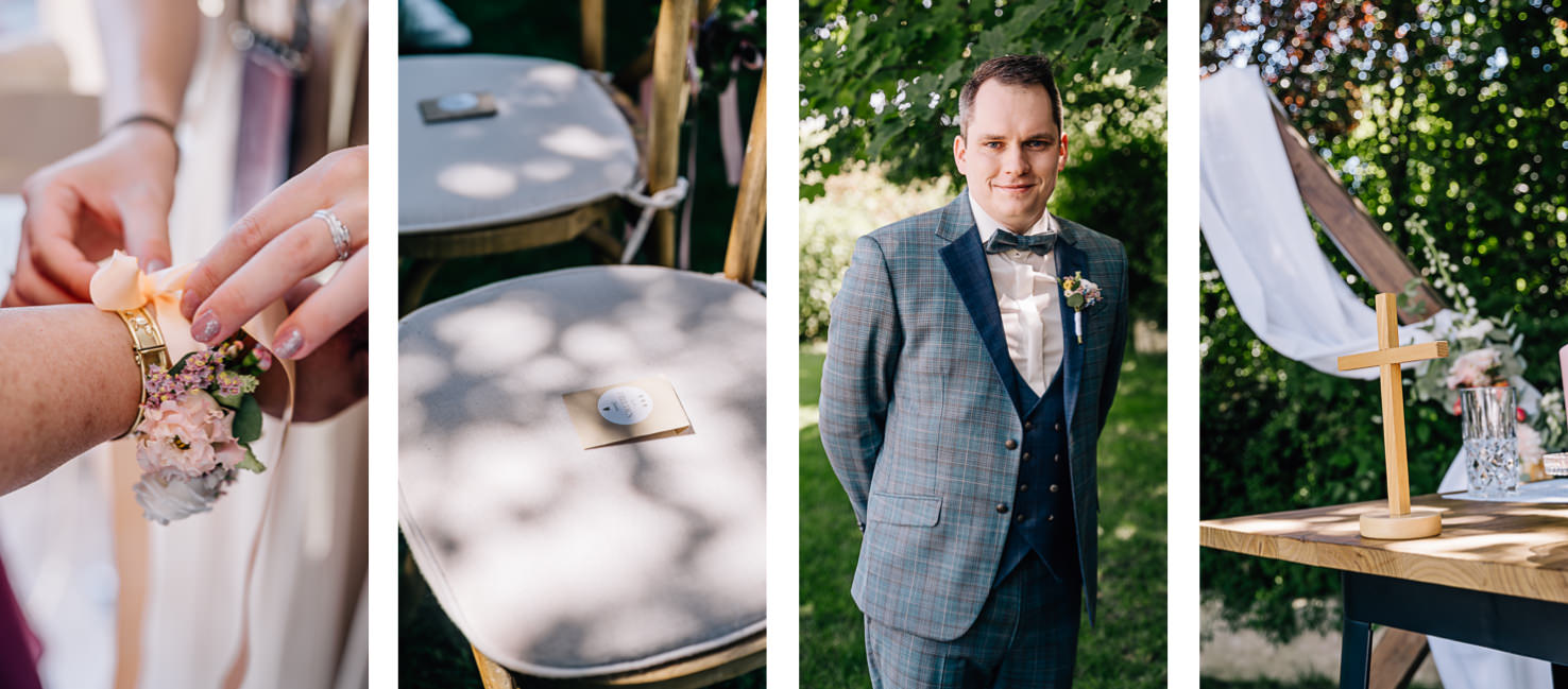 Das Bild, eingefangen von der talentierten Fotografin Mica Zeitz, zeigt eindrucksvolle Details einer Hochzeitsfeier, vom stilvollen Handgelenkstrauß bis zur eleganten Sitzordnung. Die Kombination aus liebevoll gestalteten Elementen, einem festlich gekleideten Bräutigam und einer stimmungsvollen Dekoration schafft eine unvergessliche Atmosphäre für den besonderen Tag.