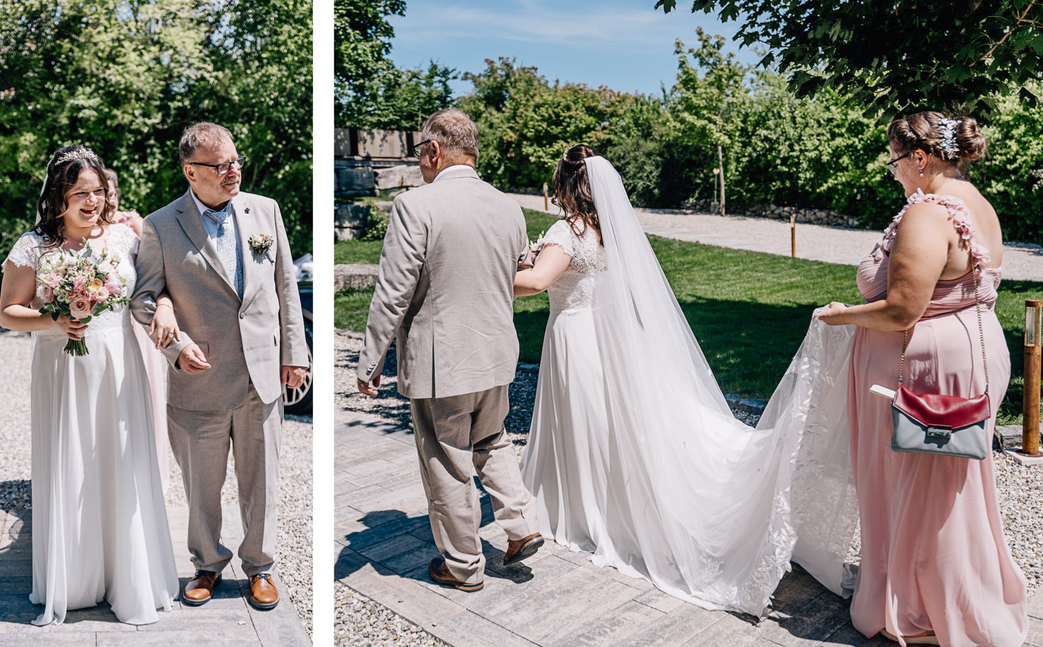 Auf diesem zauberhaften Hochzeitsbild von Mica Zeitz wird der emotionale Moment der Braut, die von ihrem Vater zum Altar geführt wird, perfekt eingefangen. Das strahlende Licht und die romantische Kulisse betonen die Liebe und Freude an diesem unvergesslichen Tag.