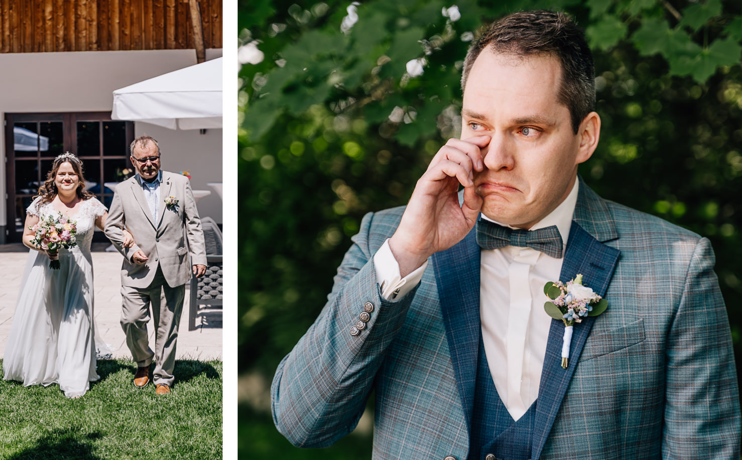 Das Bild von Fotografin Mica Zeitz zeigt einen emotionalen Moment während einer Hochzeit, bei dem die Braut mit ihrem Vater zu ihrem zukünftigen Ehemann schreitet. Der Bräutigam, in eleganter, kariertem Anzug, zeigt seine rührenden Gefühle, was die tiefe Verbundenheit und Freude dieses besonderen Tages unterstreicht.