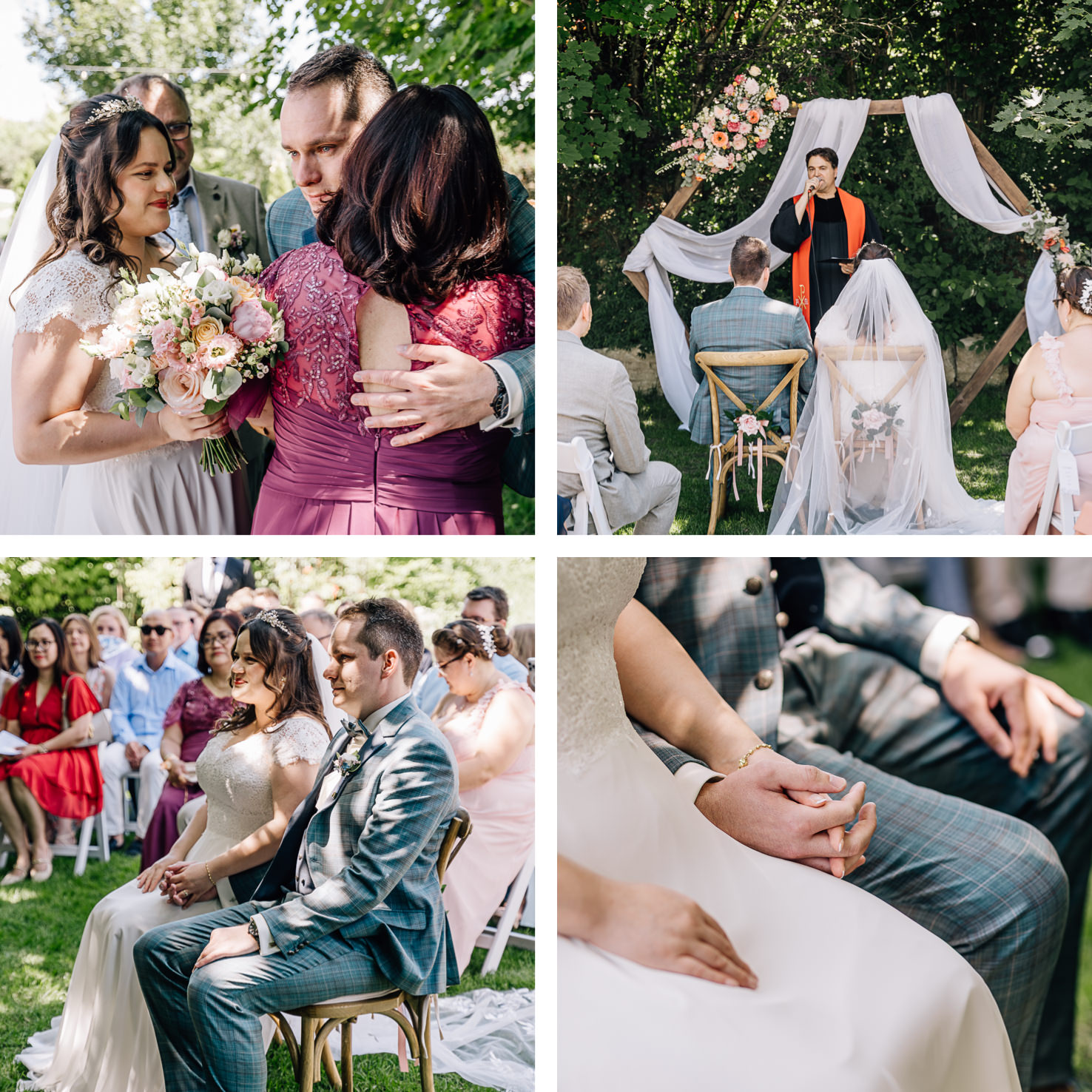 Die atemberaubenden Hochzeitsmomente, festgehalten von Fotografin Mica Zeitz, zeigen ein glückliches Brautpaar umgeben von Freunden und Familie in einer idyllischen Gartenkulisse. Die emotionale Zeremonie und die liebevollen Details verleihen diesen Bildern eine unverwechselbare, romantische Atmosphäre.