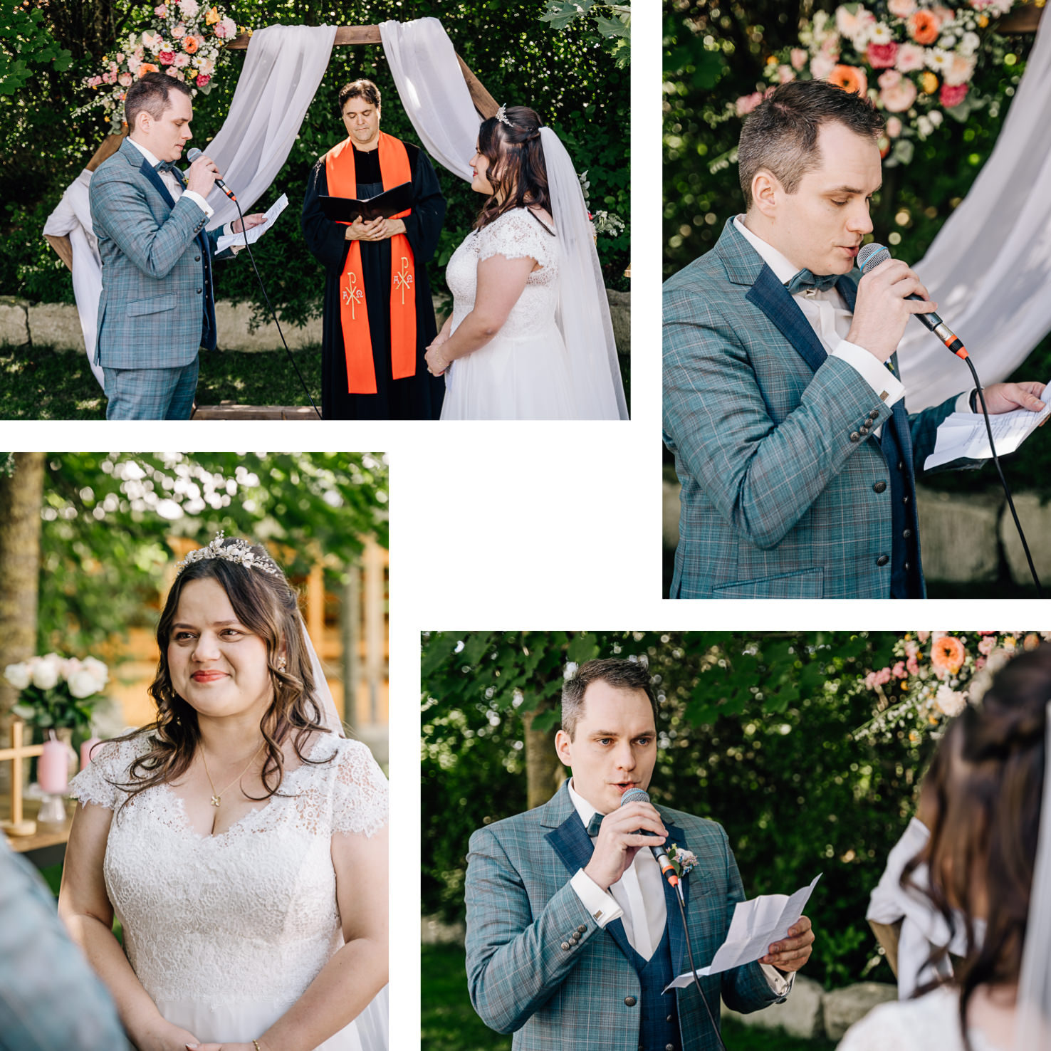 In dieser festlichen Hochzeitszeremonie, festgehalten von der Fotografin Mica Zeitz, wird das Paar von einem Redner begleitet, während sie sich in einer romantischen Umgebung das Jawort geben. Die wunderschönen Details und Emotionen des Moments werden in lebendigen Bilder eingefangen, die die Essenz dieser bedeutenden Feier perfekt widerspiegeln.
