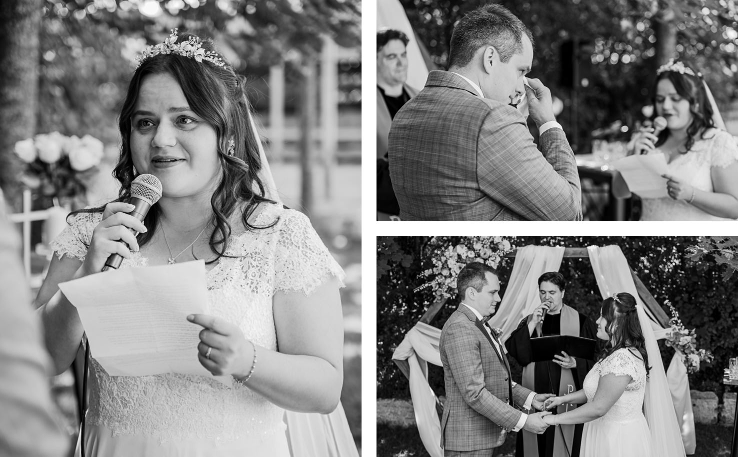 In dieser emotionalen Momentaufnahme, festgehalten von der Fotografin Mica Zeitz, sieht man eine Braut, die bewegend ihre Gelübde während einer idyllischen Freien Trauung verliest. Die schwarz-weißen Bilder erfassen die herzlichen Emotionen und die Verbundenheit der Paare im romantischen Ambiente.