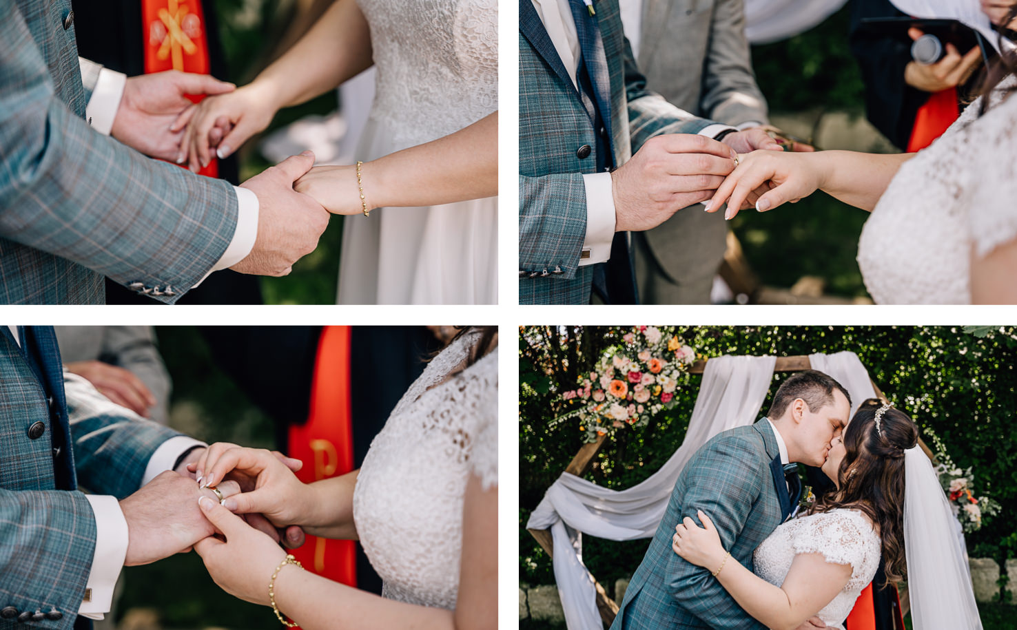 Die emotionale Hochzeitsszene, festgehalten von der Fotografin Mica Zeitz, zeigt intime Momente des Ringtauschs und den ersten Kuss des glücklichen Paares vor einem liebevoll dekorierten Hintergrund. Die Aufnahmen vermitteln die Freude und Verbundenheit, die diesen besonderen Tag prägen, und sind ideal für Inspirationen rund um Hochzeitsfotografie und Hochzeitsplanung.