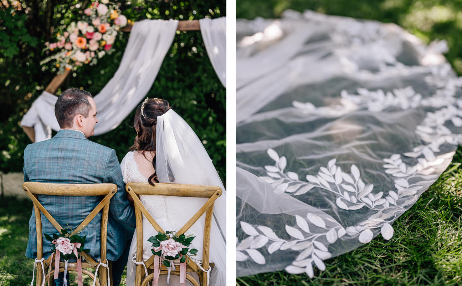 Die romantische Hochzeitsaufnahme von Mica Zeitz zeigt ein Paar, das in einer malerischen Kulisse mit floralen Arrangements und einem eleganten Brautschleier sitzt. Das Bild fängt die Intimität und Schönheit des Moments ein, während die liebevollen Details der Dekoration hervorstechen.