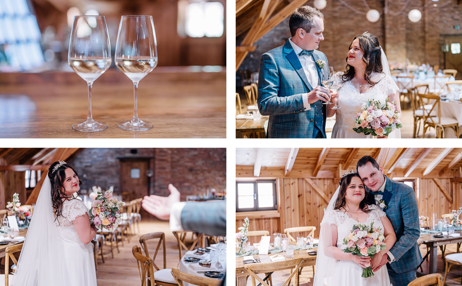 Das festliche Hochzeitsarrangement in der malerischen Location strahlt Romantik und Freude aus, während das Brautpaar in eleganter Kleidung mit Sektgläsern anstößt. Fotografiert von Mica Zeitz, fangen die Bilder sowohl die intime Atmosphäre der Feier als auch die liebevollen Details der Dekoration ein.