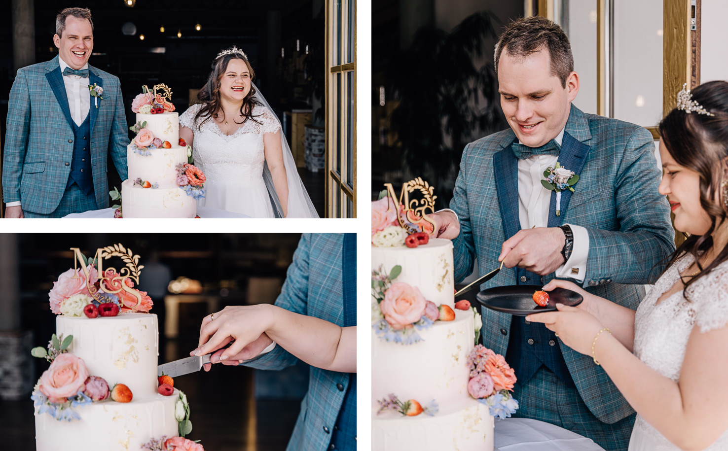 Das Bild von Mica Zeitz fängt den emotionalen Moment eines Hochzeits-Paares ein, das lachend vor einer prachtvollen Hochzeitstorte steht, umgeben von liebevollen Blumenarrangements. Die Aufnahmen zeigen die Freude und Intimität des Schnitts der Torte, ein unvergesslicher Augenblick voller Glück und Zuneigung, perfekt für Hochzeits-Dokumentationen und Feierlichkeiten.