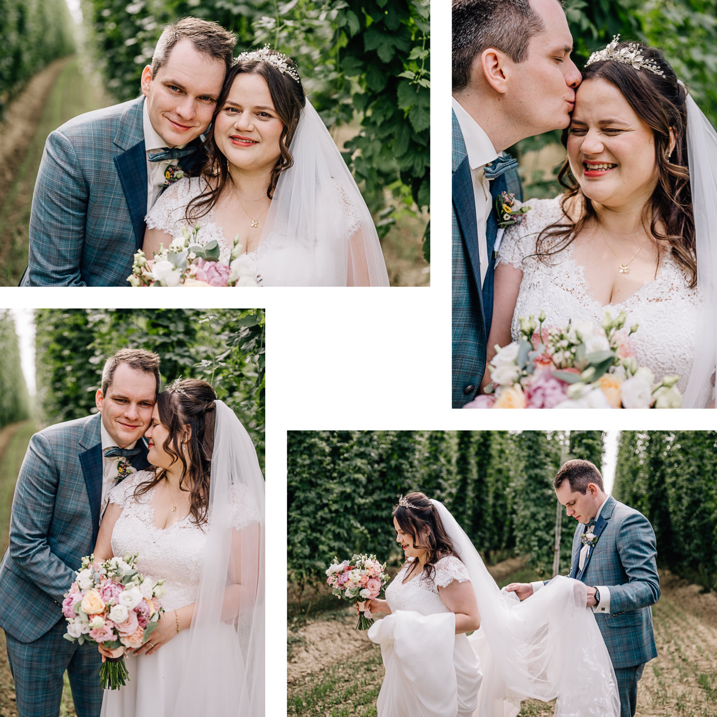 Dieses romantische Hochzeitsfoto, festgehalten von der talentierten Fotografin Mica Zeitz, zeigt ein glückliches Paar in einer malerischen, grünen Kulisse, umgeben von üppigen Bäumen. Die emotionale Nähe, die in den Aufnahmen sichtbar wird, macht dieses Bild zu einem perfekten Beispiel für zeitlose Hochzeitsfotografie.