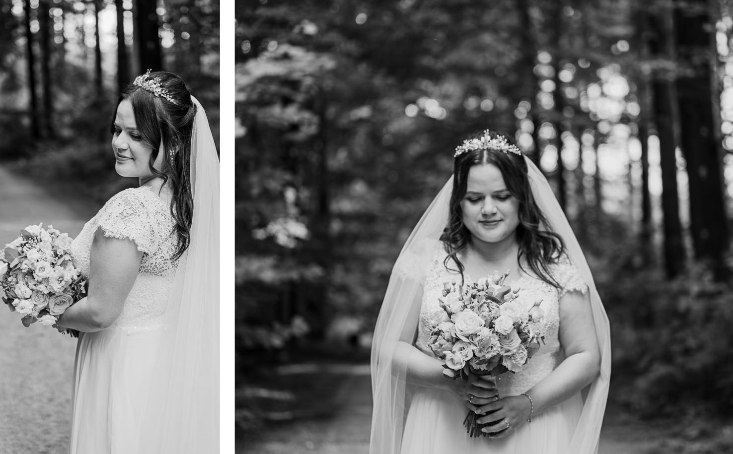 Dieses wunderbare Hochzeitsfotoshoot von Mica Zeitz zeigt eine Braut in einem romantischen Waldsetting, umgeben von sanftem Licht und der natürlichen Schönheit der Natur. Die elegante Braut, mit strahlendem Bouquet und zarter Brautfrisur, verkörpert zeitlose Anmut und Freude an ihrem besonderen Tag.