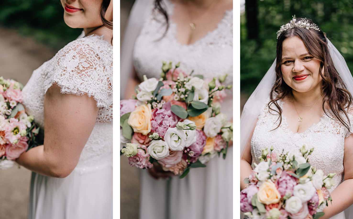 Dieses romantische Hochzeitsbild, festgehalten von der Fotografin Mica Zeitz, zeigt eine glückliche Braut in einem eleganten Kleid, umgeben von einem bunten Blumenstrauß. Die bezaubernden Details des Kleides und die natürliche Kulisse betonen den festlichen Anlass und die Schönheit des Moments.
