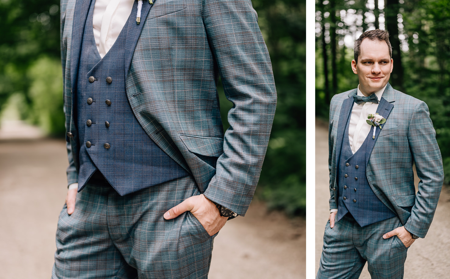 Das stilvolle Hochzeitsoutfit, festgehalten von der Fotografin Mica Zeitz, zeigt einen eleganten Mann in einem karierten Anzug, der sowohl Tradition als auch moderne Akzente vereint. Die harmonische Umgebung in Kombination mit dem stilvollen Look setzt einen perfekten Rahmen für Erinnerungen an einen besonderen Tag.