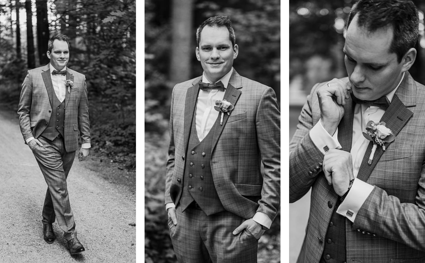 In dieser beeindruckenden Fotostrecke von Mica Zeitz präsentiert sich ein stilvoll gekleideter Mann in einem eleganten Anzug, umgeben von der natürlichen Kulisse eines Waldes. Die Bilder zeigen sowohl seine lässige Eleganz beim Spazieren als auch die feinen Details seines Looks, ideal für Hochzeitsfotografie und Hochzeitsvorbereitung.