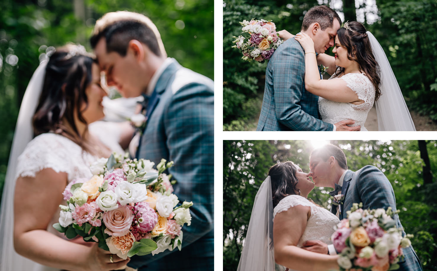 In diesen romantischen Hochzeitsbildern von Mica Zeitz strahlen das glückliche Paar und die üppigen Blumenarrangements inmitten einer malerischen Waldkulisse. Die emotionale Intimität der Momente, festgehalten in sanften Lichtverhältnissen, vermittelt die pure Freude einer unvergesslichen Hochzeit.