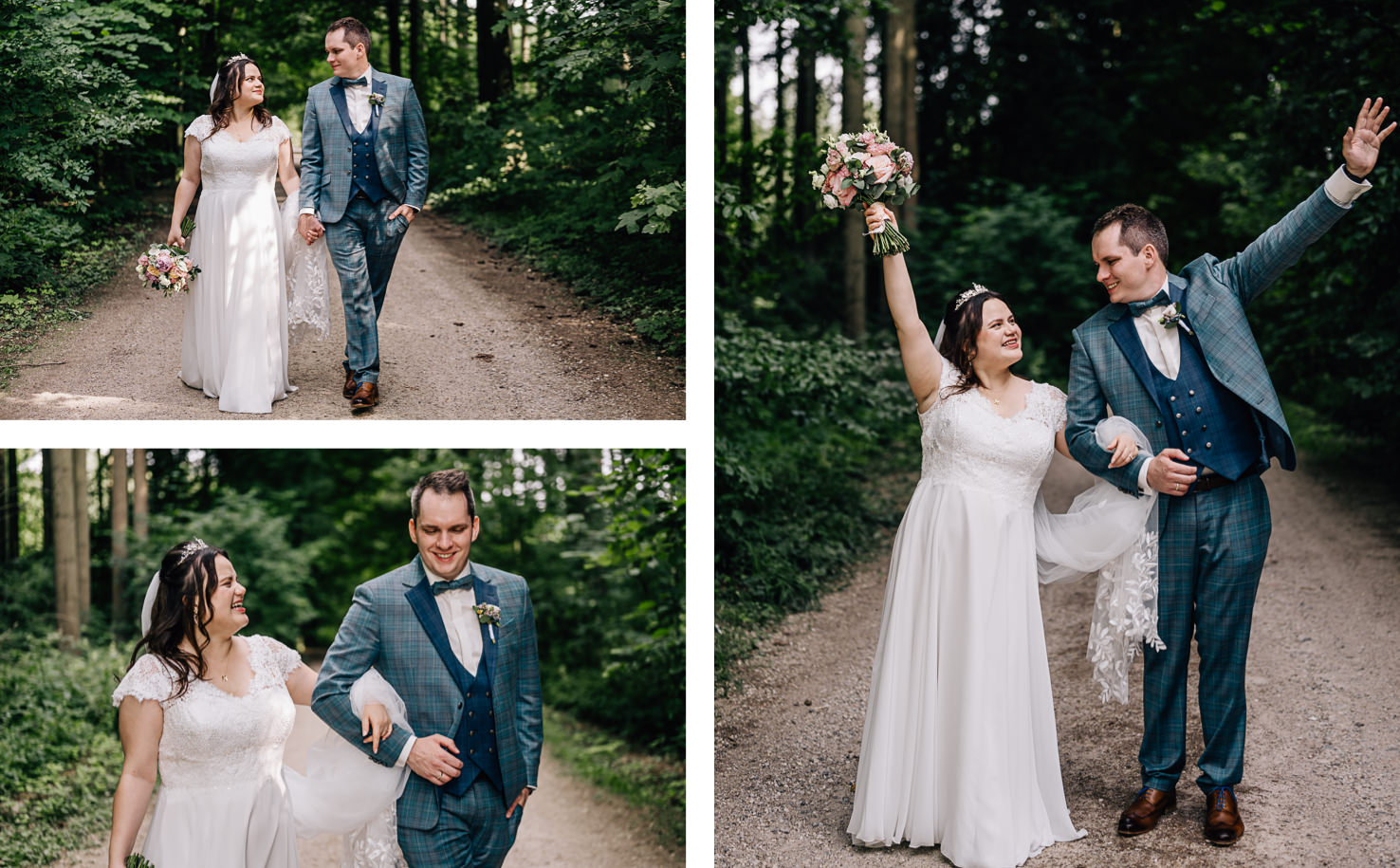 Auf diesen romantischen Hochzeitsfotos von Mica Zeitz wird das strahlende Paar in einer malerischen Waldlandschaft gezeigt, während sie Hand in Hand einen Weg entlang spazieren. Die lebendige Atmosphäre und die natürliche Kulisse unterstreichen die Liebe und Freude des besonderen Tages perfekt.