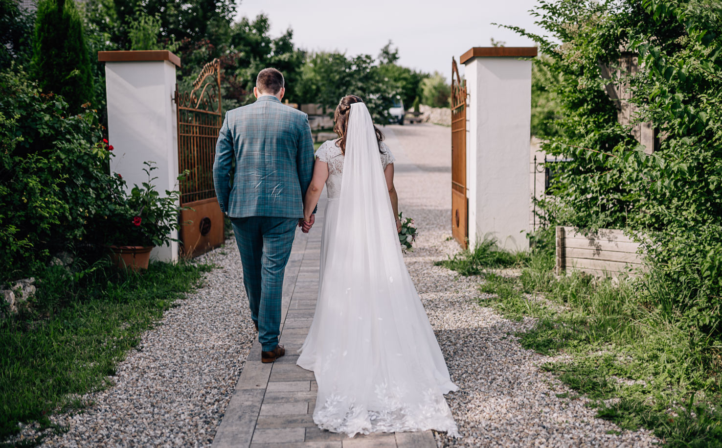 Auf diesem romantischen Hochzeitsfoto, aufgenommen von der talentierten Fotografin Mica Zeitz, spaziert ein Brautpaar Hand in Hand einen malerischen Weg entlang, umgeben von üppigem Grün. Die liebevolle Atmosphäre und die natürliche Kulisse machen dieses Bild zu einem perfekten Beispiel für Hochzeitsfotografie, die Emotion und Schönheit einfängt.