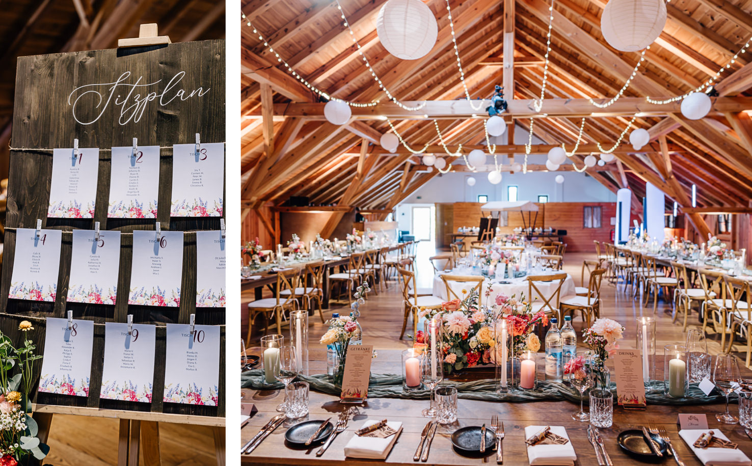 Der liebevoll gestaltete Festsaal, fotografiert von Mica Zeitz, beeindruckt mit einem modernen Tisch-Arrangement, das von frischen Blumen und eleganten Kerzenlicht umrahmt wird. Die stilvolle Tischordnung auf einer rustikalen Holztafel und die stimmungsvolle Beleuchtung schaffen eine einladende Atmosphäre für unvergessliche Feiern.