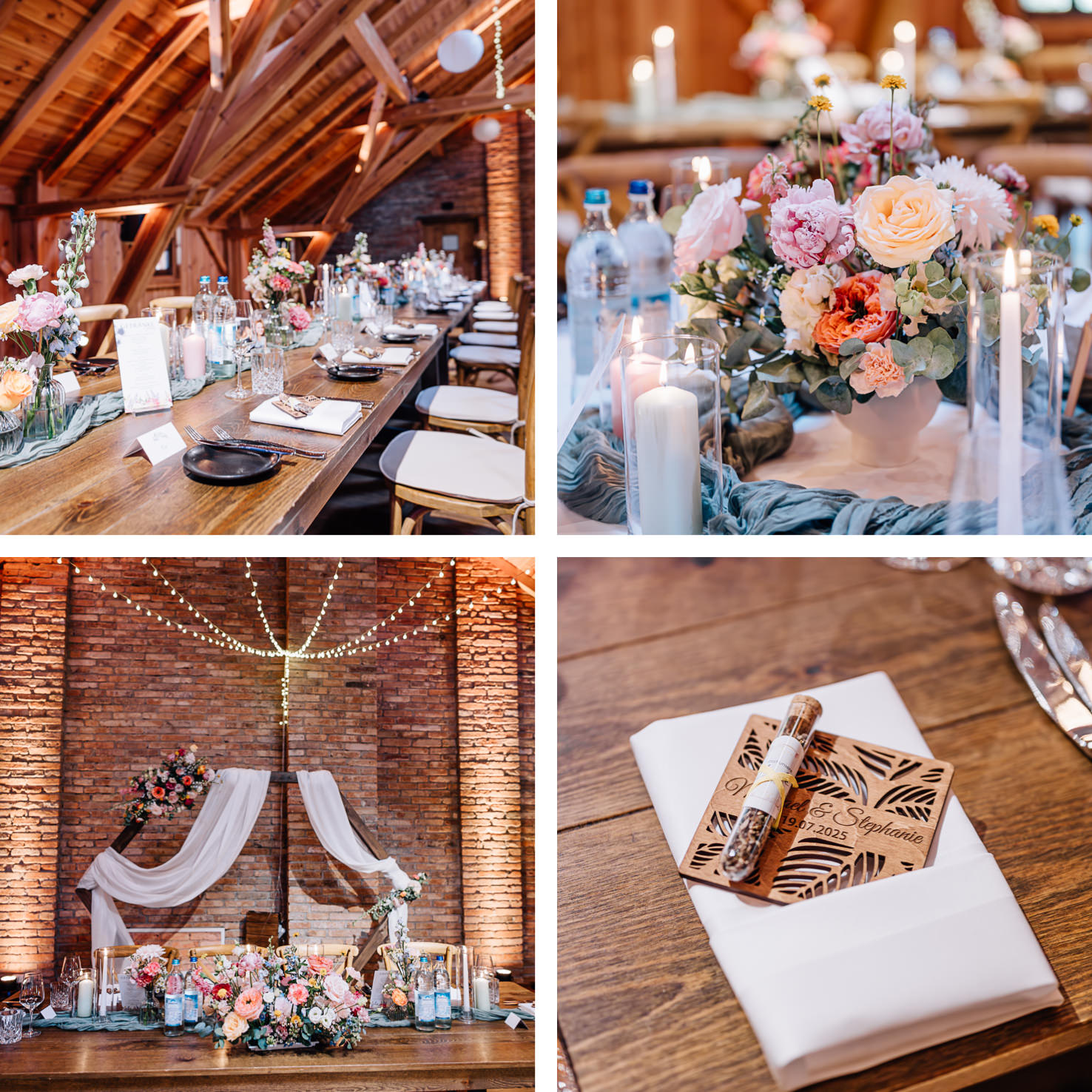 Das stilvolle Event-Setup, fotografiert von Mica Zeitz, zeigt eine elegant dekorierte Tafel in einem rustikalen Holzsaal, umgeben von zarten Blumenarrangements und sanfter Beleuchtung. Mit geschmackvollen Details und einer romantischen Atmosphäre ist das Bild ideal für Hochzeitsinspiration und Eventplanung.