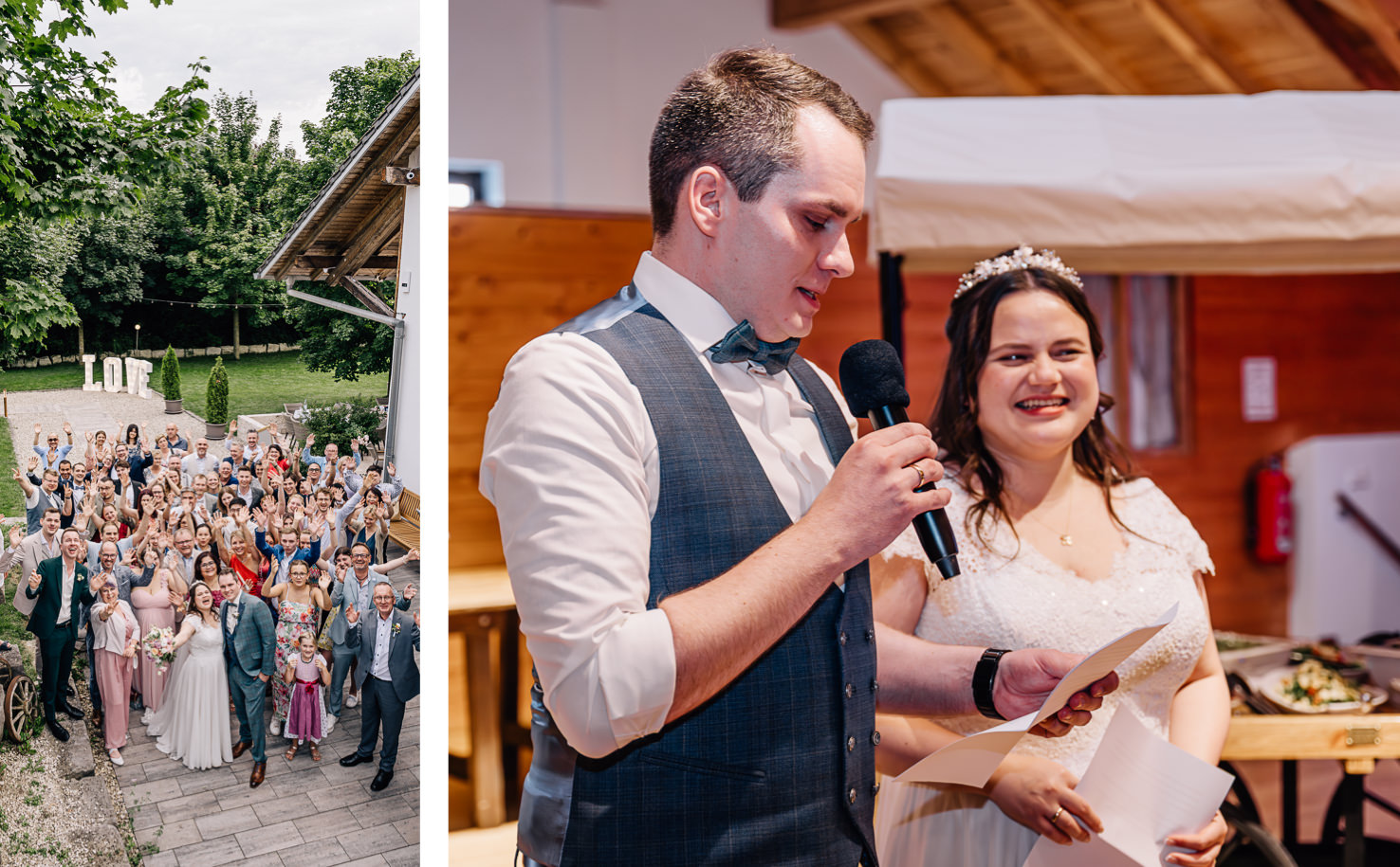 Das Bild, festgehalten von der Fotografin Mica Zeitz, zeigt eine lebhafte Hochzeitsfeier mit einer fröhlichen Menge von Gästen, die ihre Freude zum Ausdruck bringen. Die emotionale Ansprache des Bräutigams und das strahlende Lächeln der Braut an ihrem großen Tag verleihen der Szene eine romantische und festliche Atmosphäre.