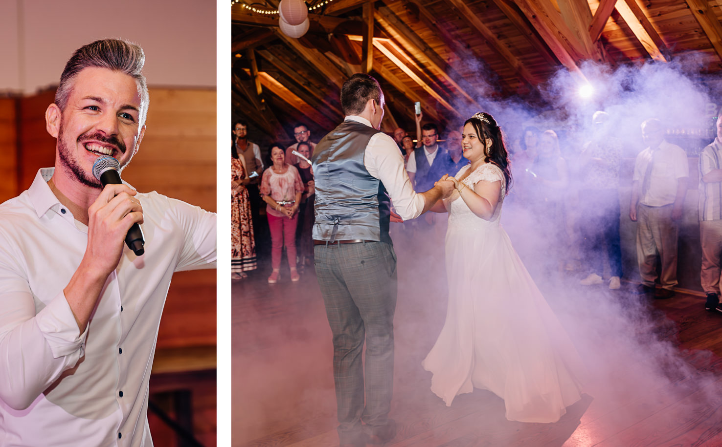 In dieser traumhaften Hochzeitsaufnahme von Fotografin Mica Zeitz wird der emotionale erste Tanz des Brautpaars inmitten einer romantischen Ambiance mit sanften Lichtern und Nebel festgehalten. Die Freude und das Glück der Feiernden schaffen eine unvergessliche Atmosphäre, die diesen besonderen Tag perfekt einfängt.