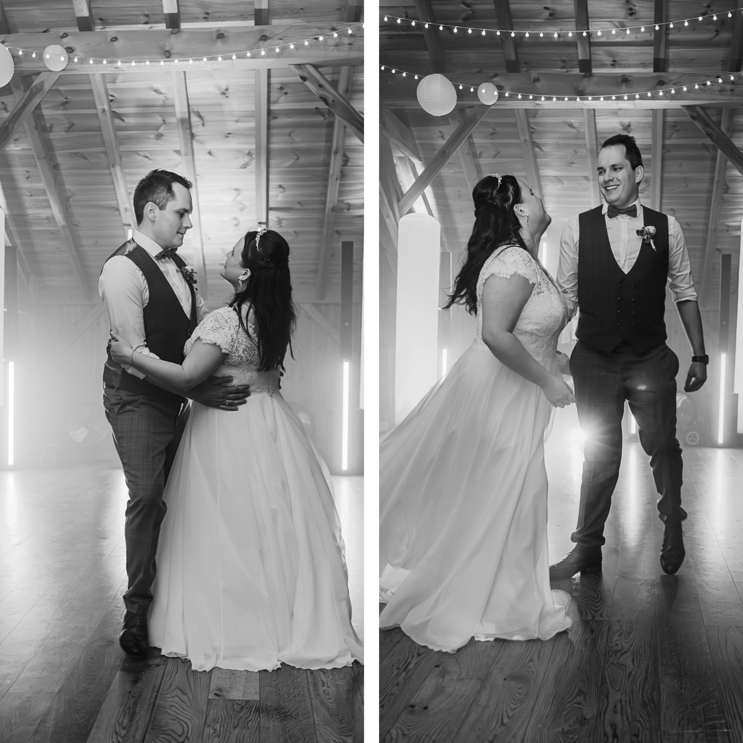 In diesen emotionalen schwarz-weißen Hochzeitsfotos von Mica Zeitz tanzen ein Brautpaar in einer romantischen Atmosphäre, umgeben von sanften Lichtern und einer rustikalen Kulisse. Die Bilder fangen die Freude und Intimität des besonderen Moments perfekt ein, wodurch sie ideal für Hochzeitsreportagen und Erinnerungen sind.